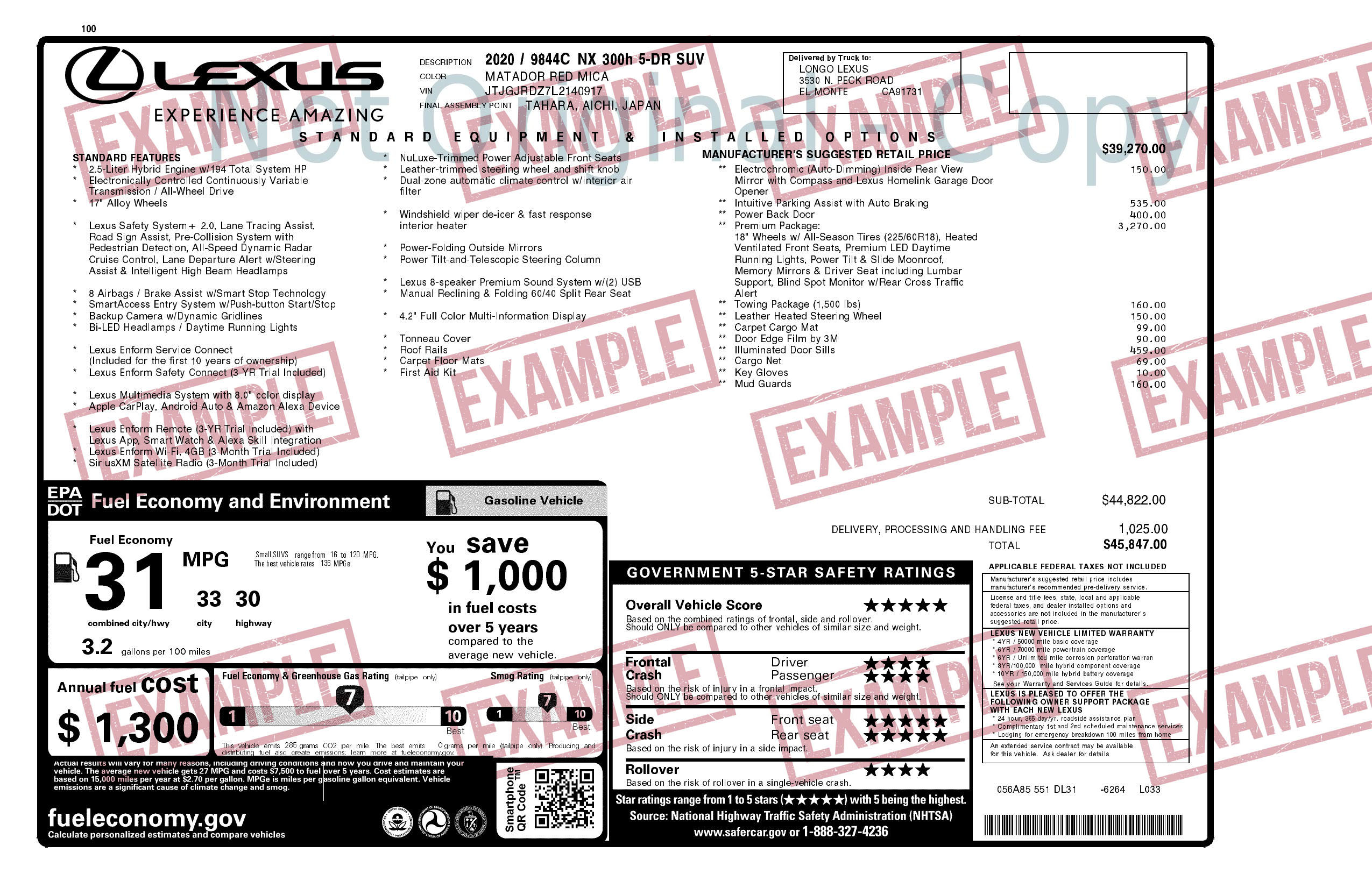 Window Sticker For 2022 Lexus Gx Gx 460 Premium 4 Wd