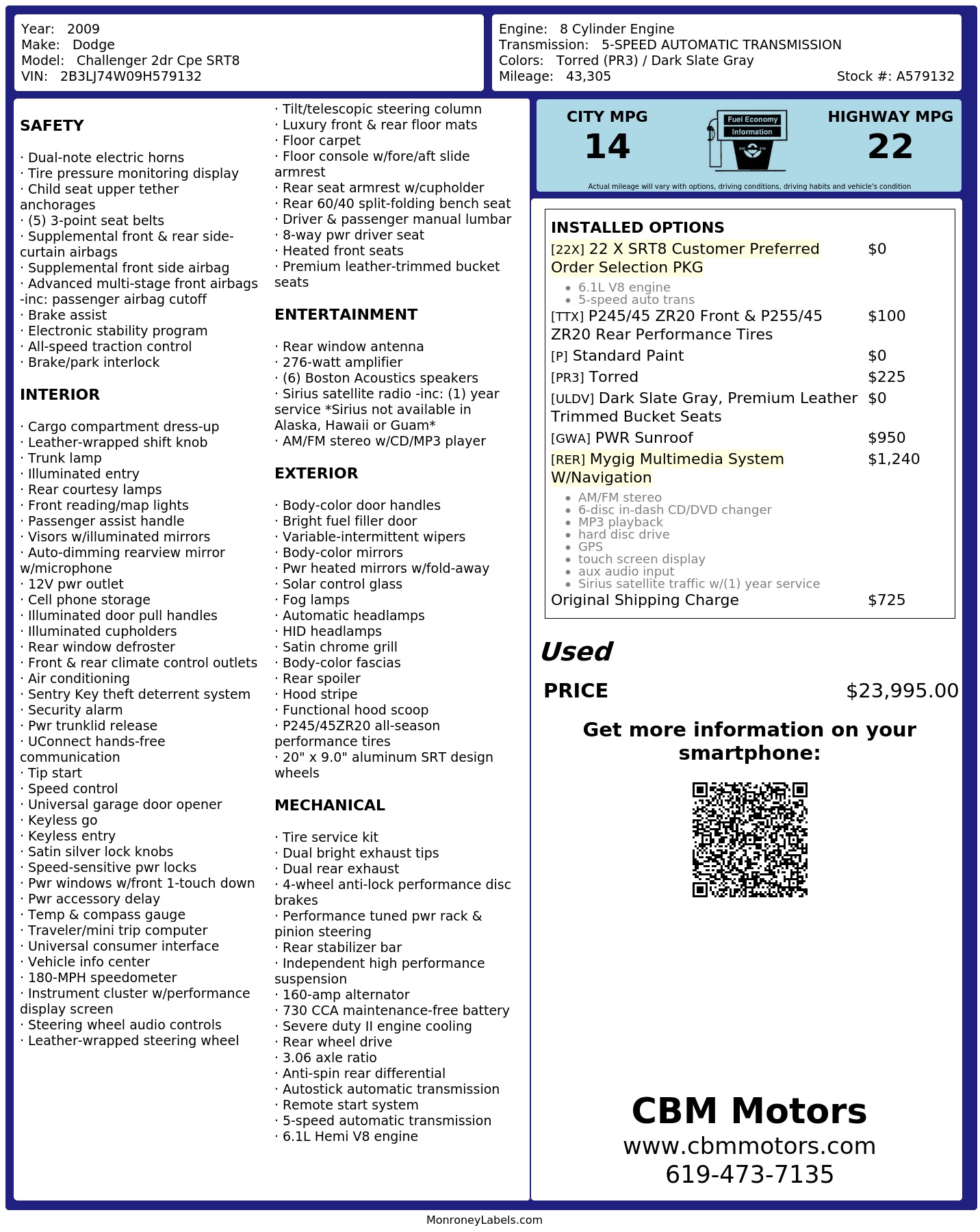 Window Sticker for 2009 Dodge Challenger 2dr Cpe Srt8