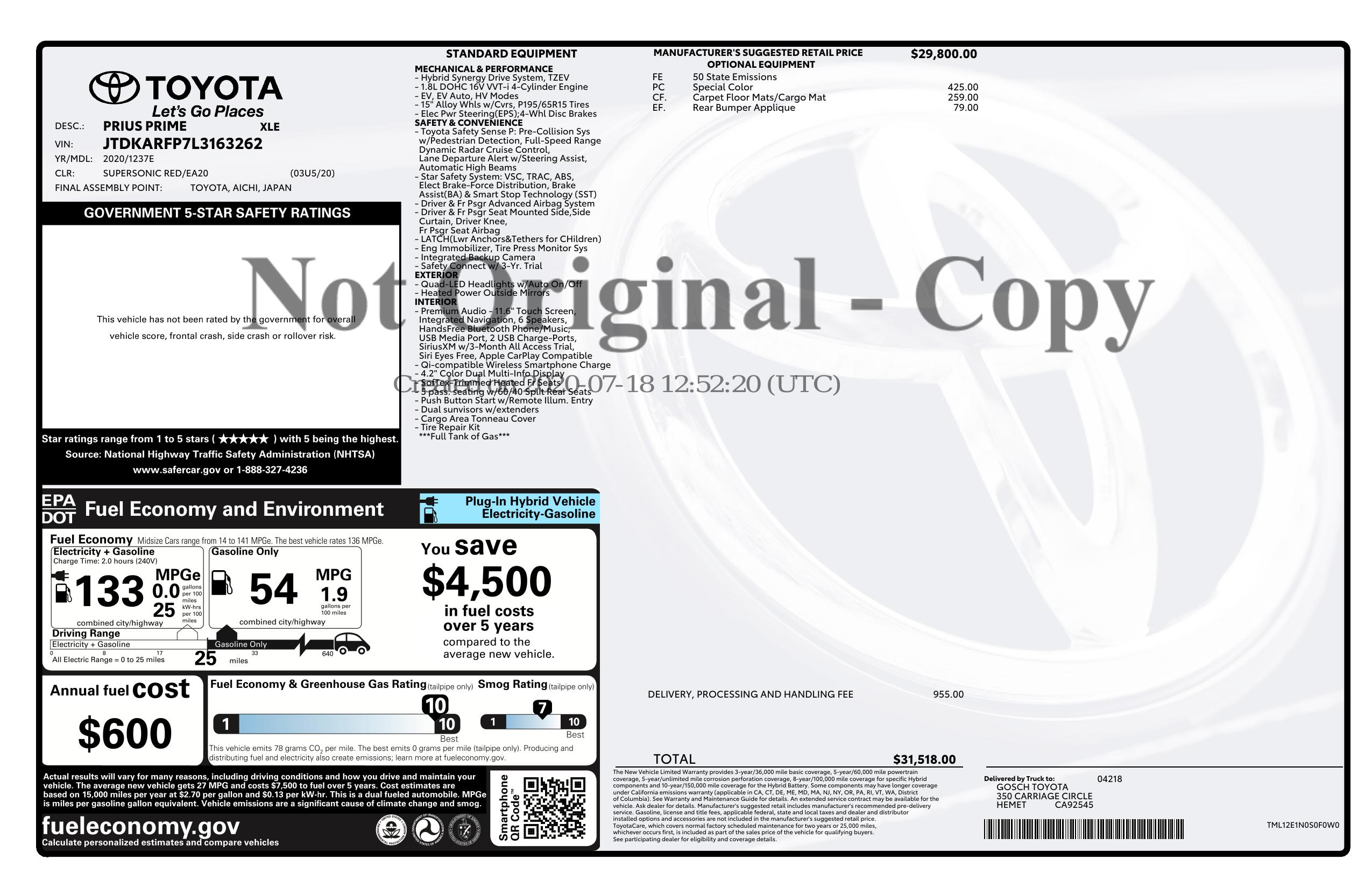 Window Sticker for 2020 Toyota Prius Prime (Natl)