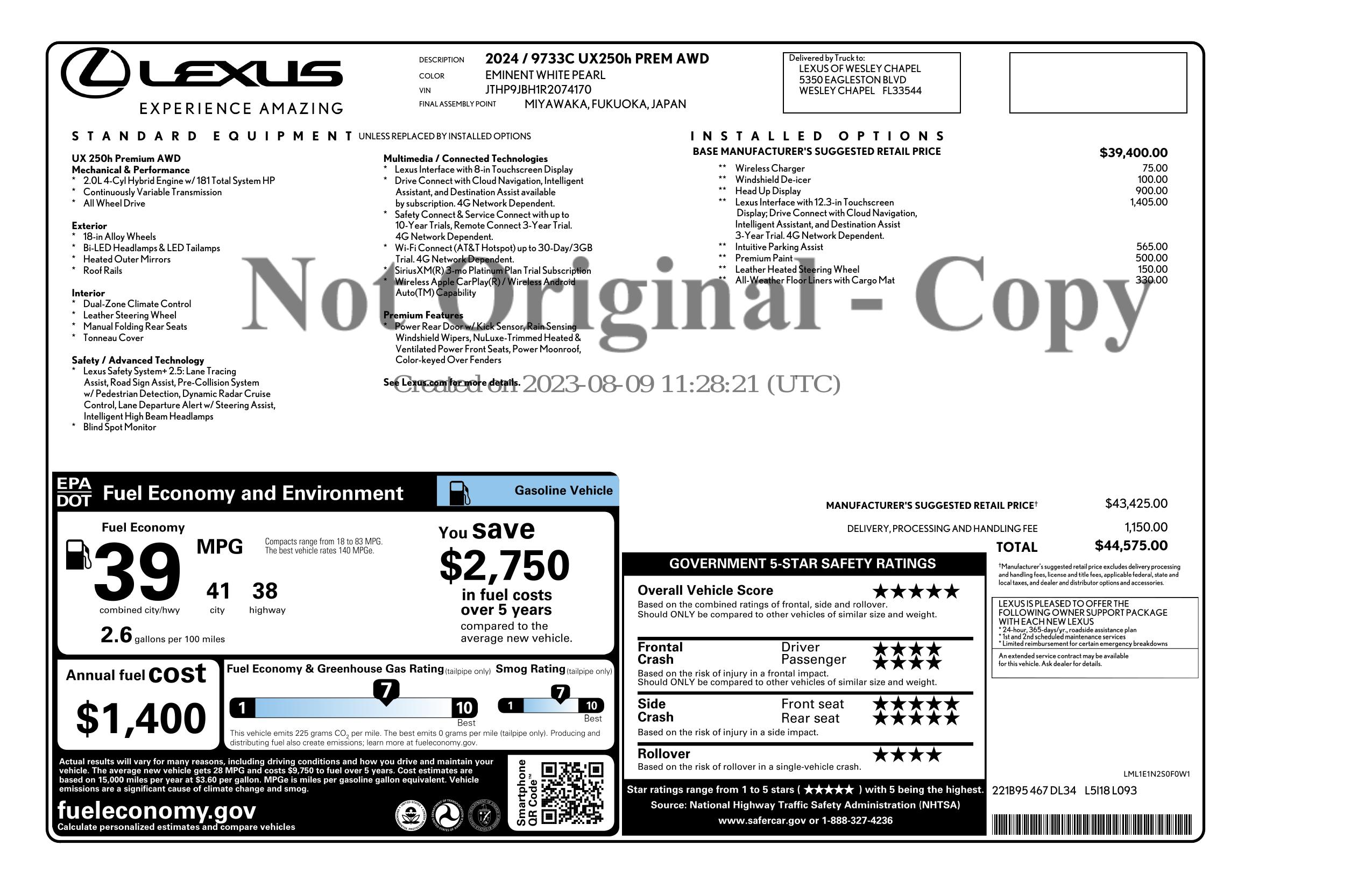 Window Sticker for 2024 Lexus Ux Ux 250h Premium Awd