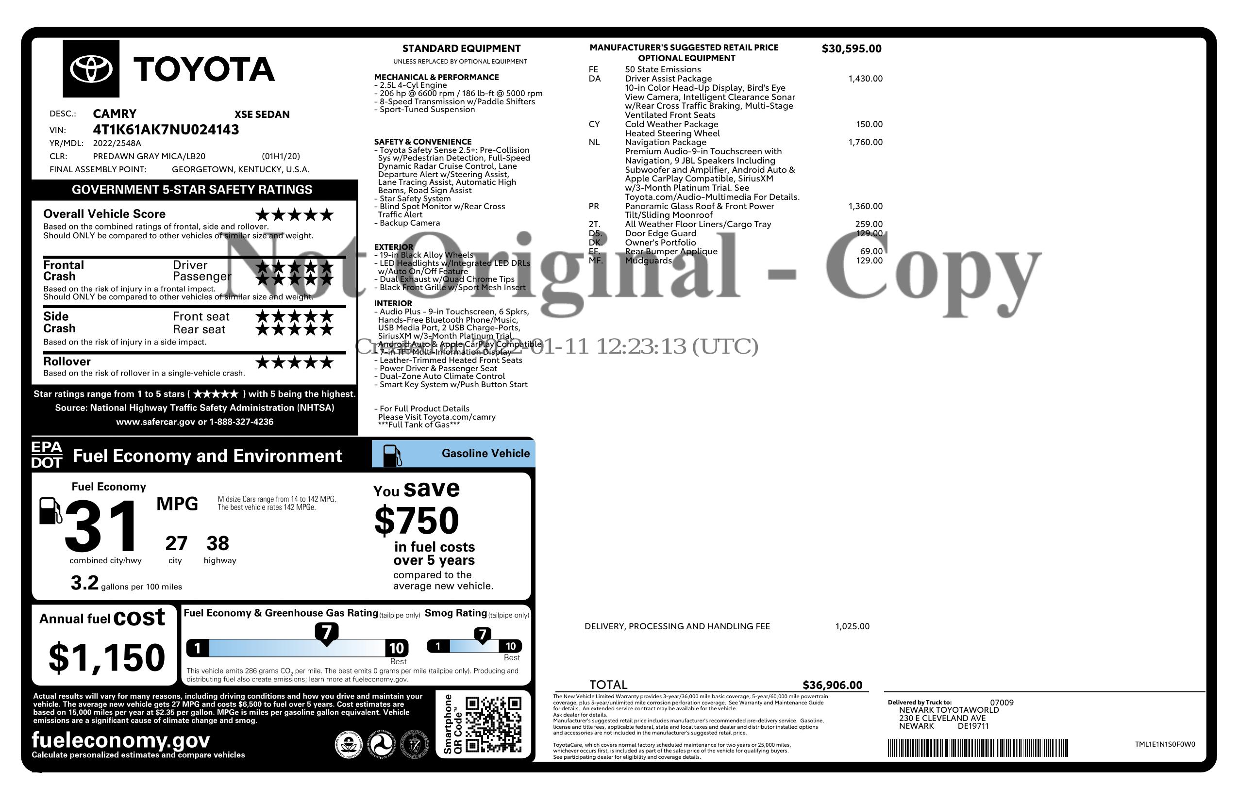 Window Sticker for 2022 Toyota Camry Xse Auto (Natl)