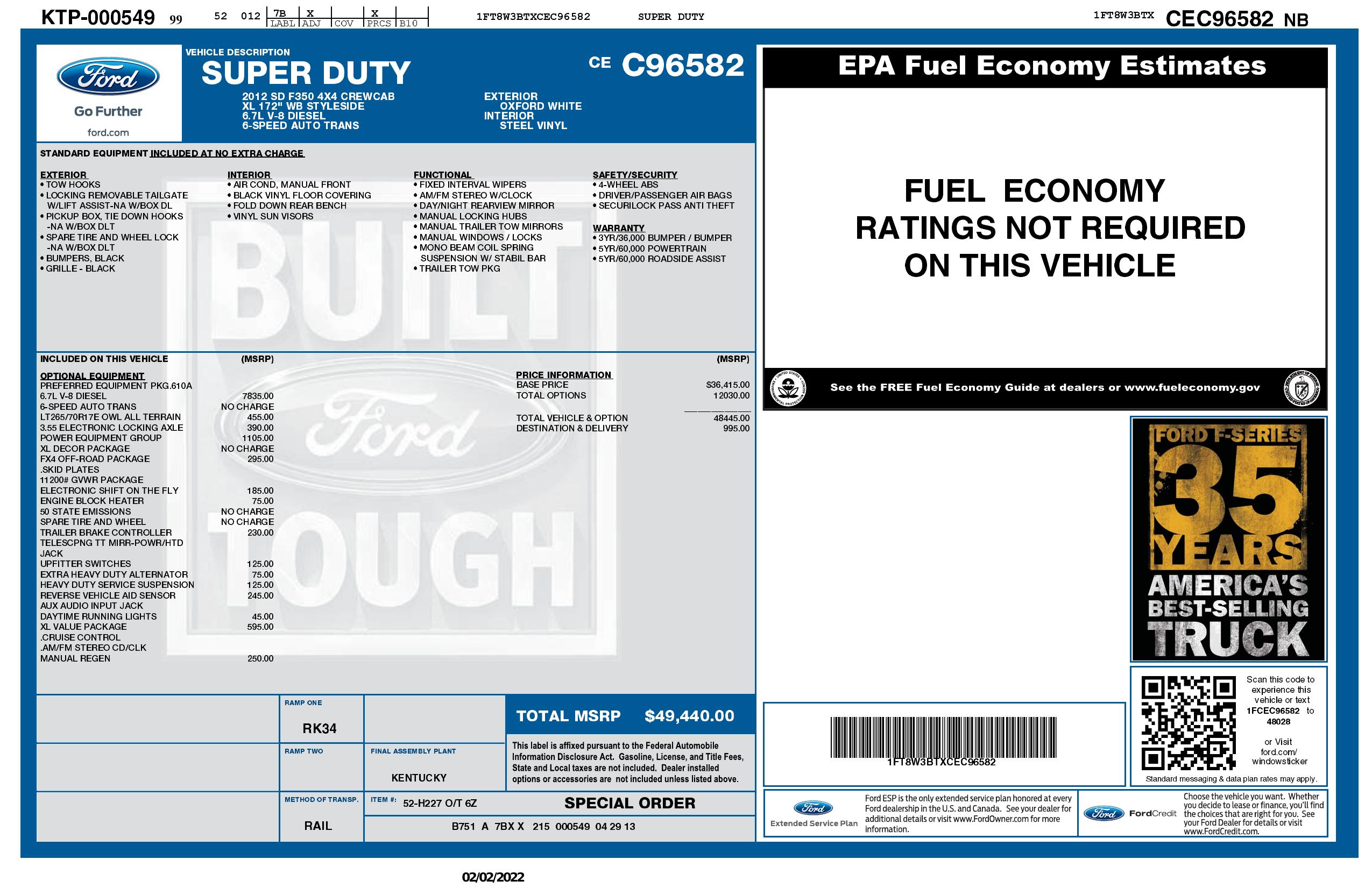 Window sticker for 2012 ford super duty f 350 srw 4 wd crew cab