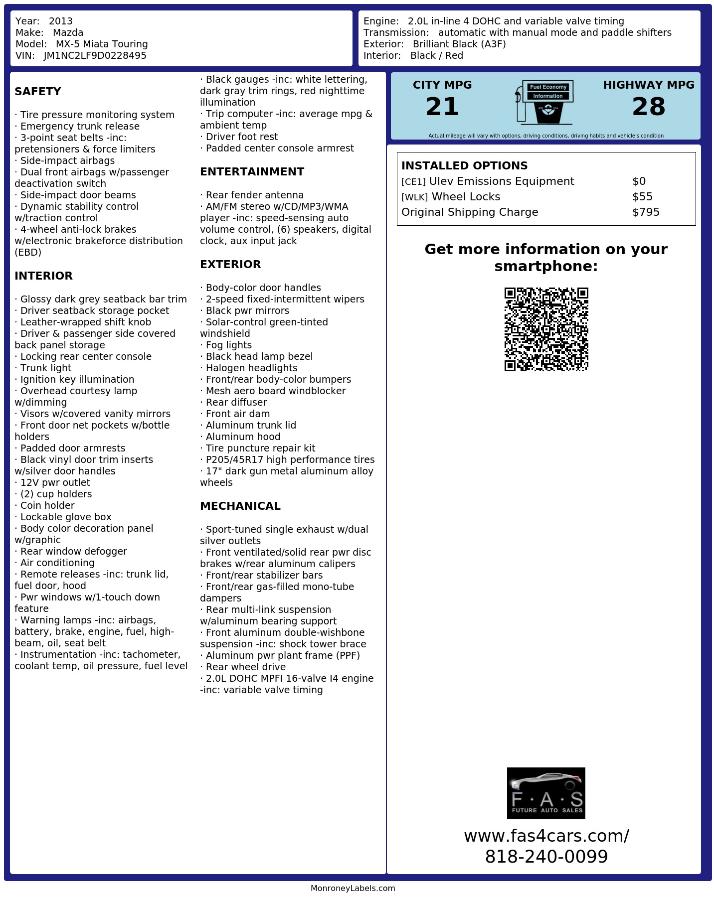 Window Sticker for 2013 Mazda Mx 5 Miata Touring