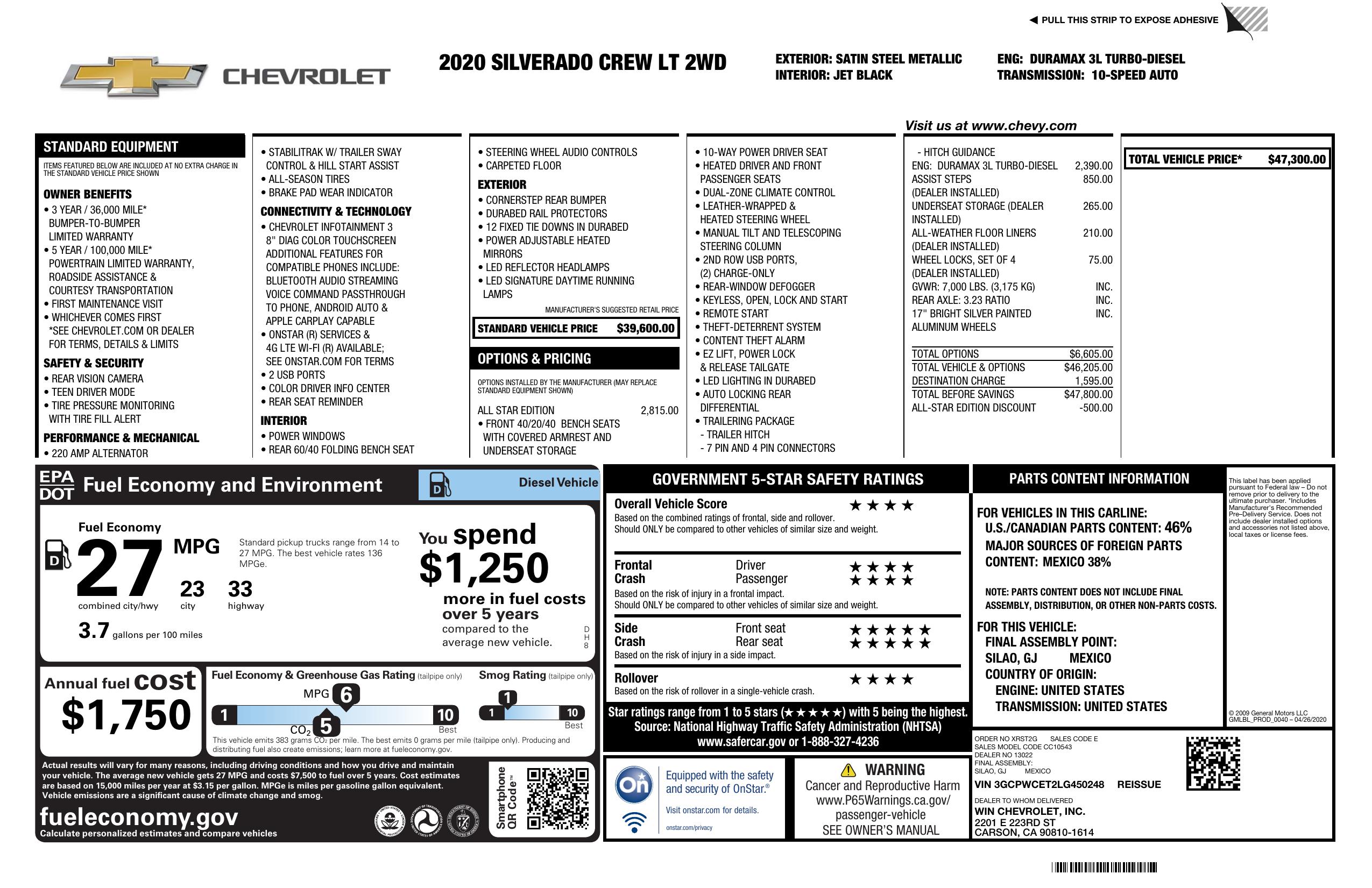 Window Sticker For 2020 Chevrolet Silverado 1500 2 Wd Crew Cab 147 Lt window-sticker-for-2020-chevrolet-silverado-1500-2-wd-crew-cab-147-lt