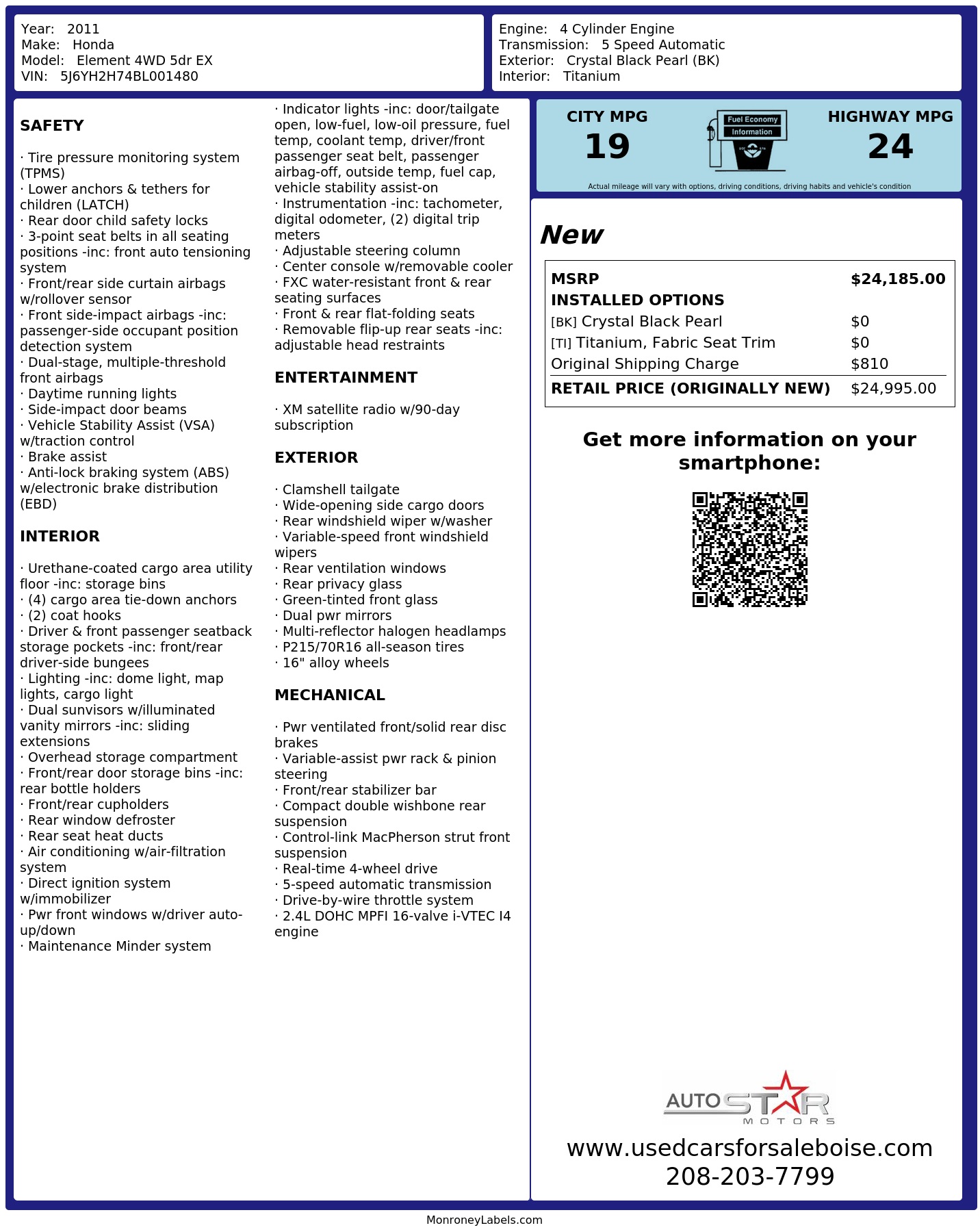 Window Sticker for 2011 Honda Element 4 Wd 5dr Ex
