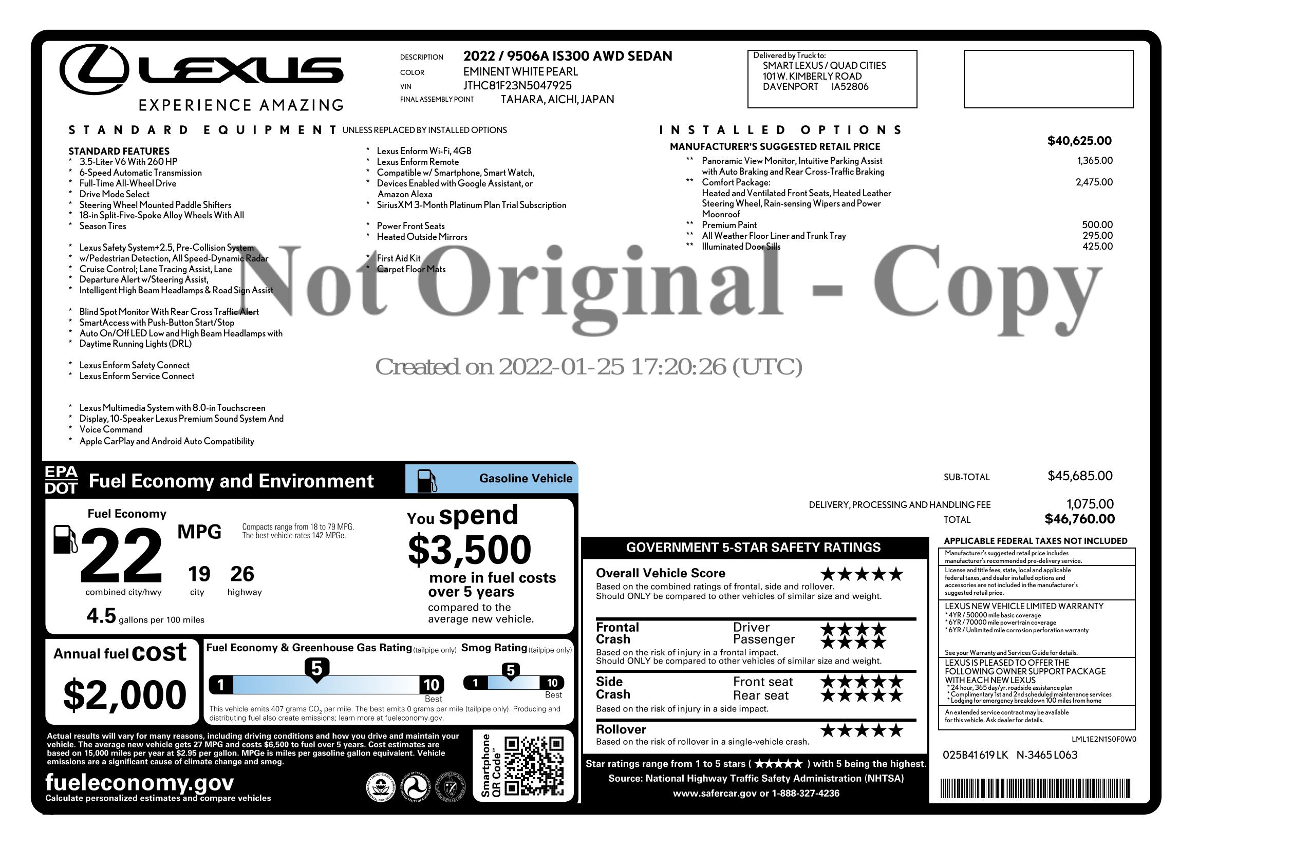 Window Sticker for 2022 Lexus Is Is 300 Awd