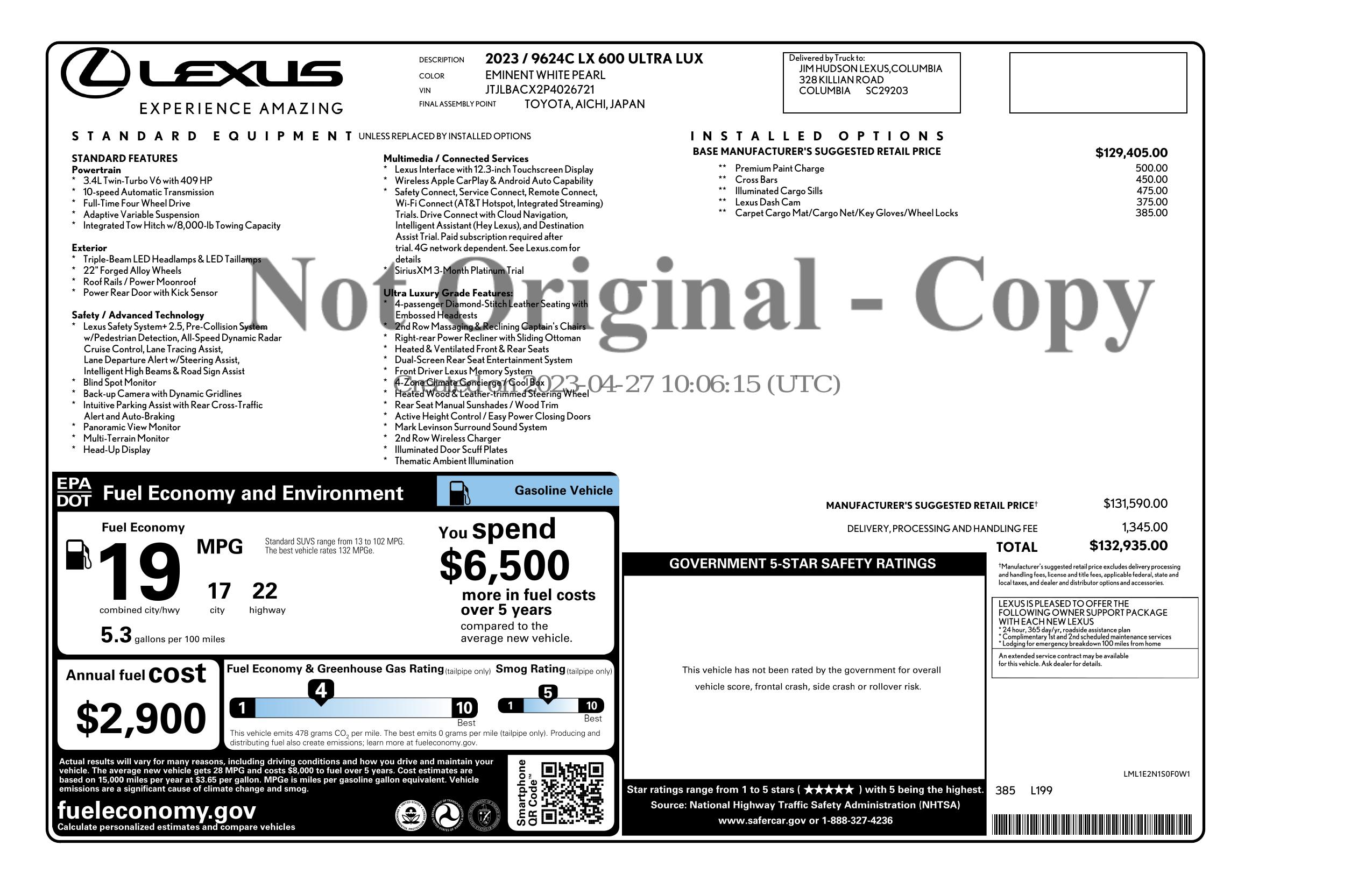 Window Sticker for 2023 Lexus Lx Lx 600 Ultra Luxury 4 Wd