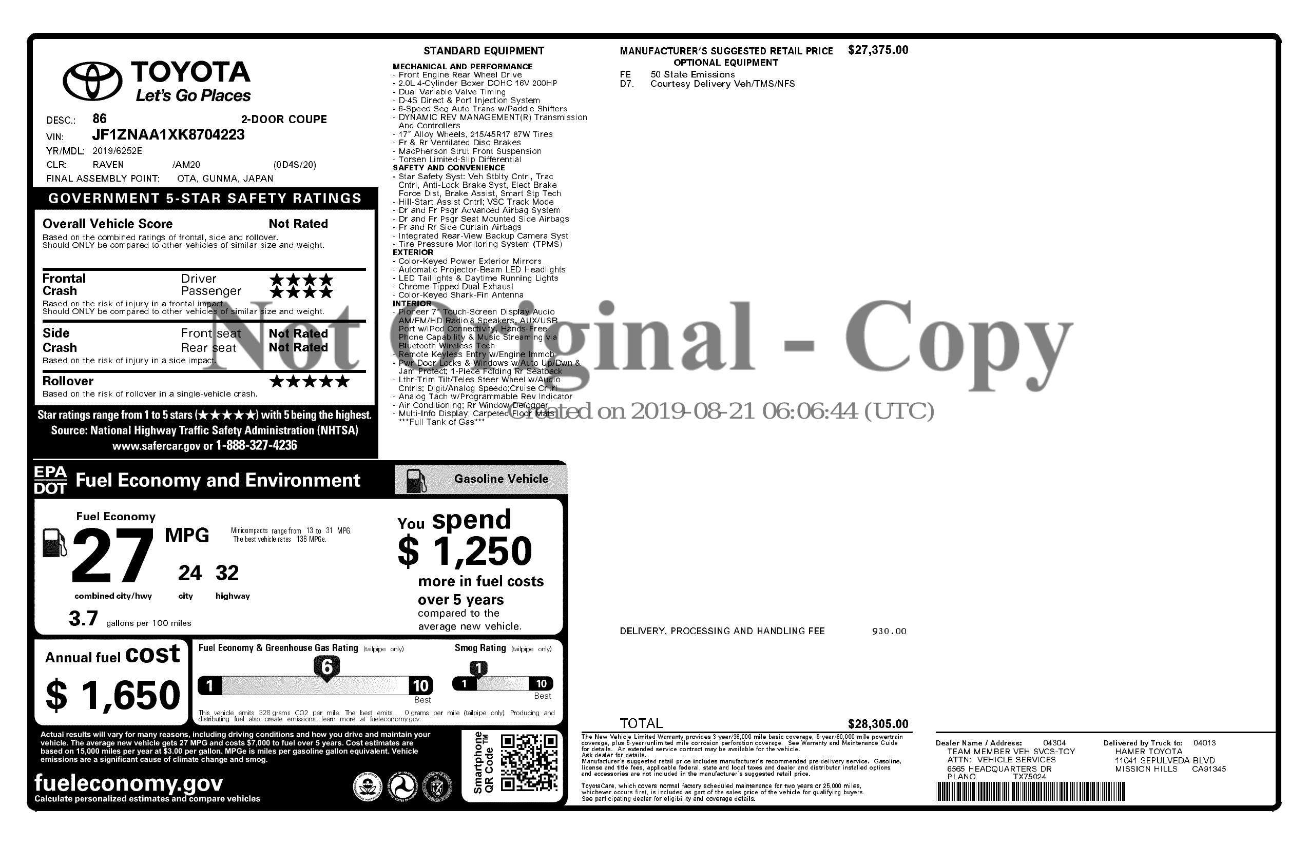 Window Sticker for 2019 Toyota 86 (Natl)