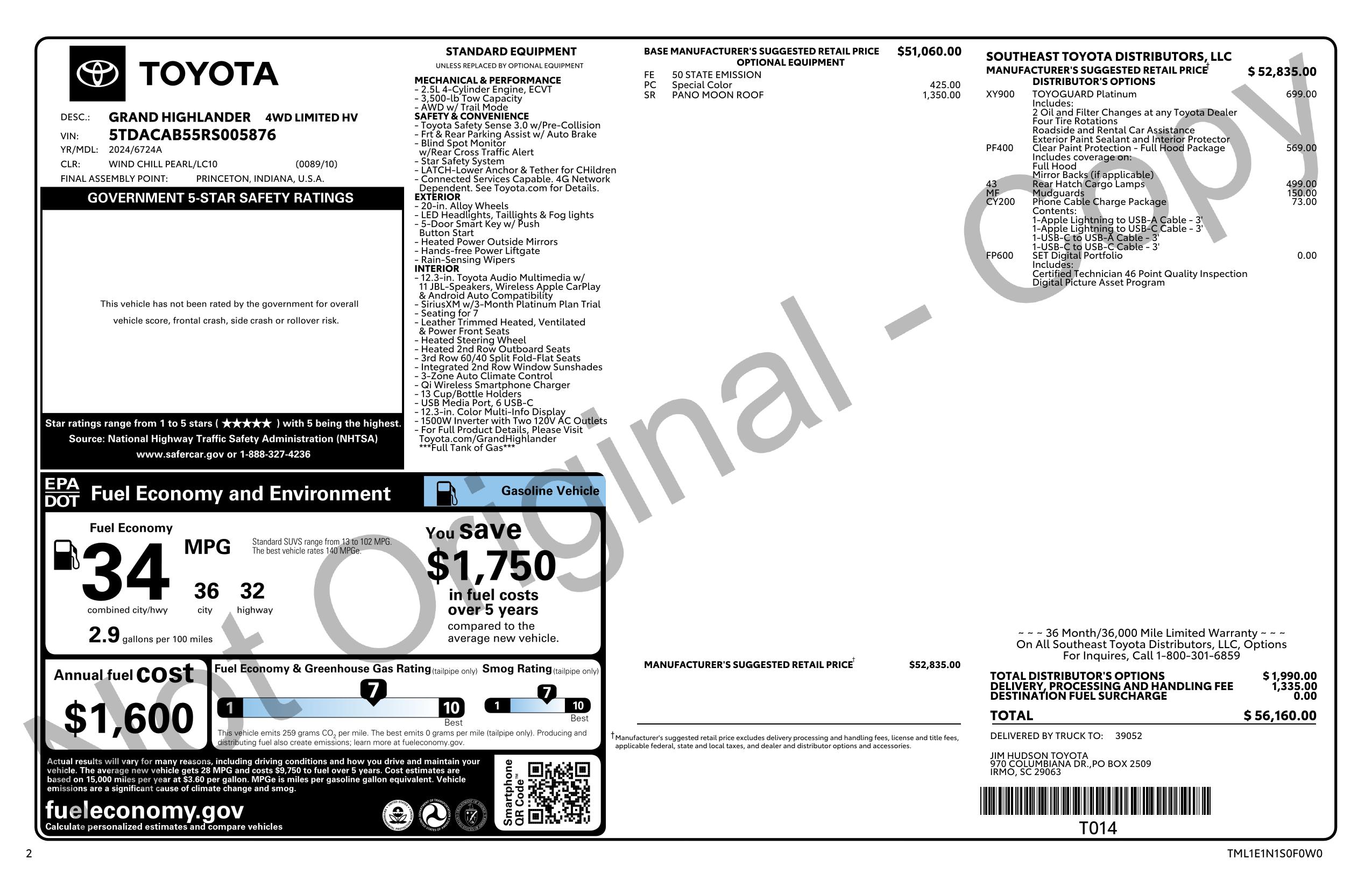 Window Sticker for 2024 Toyota Grand Highlander Hybrid Awd (Natl)