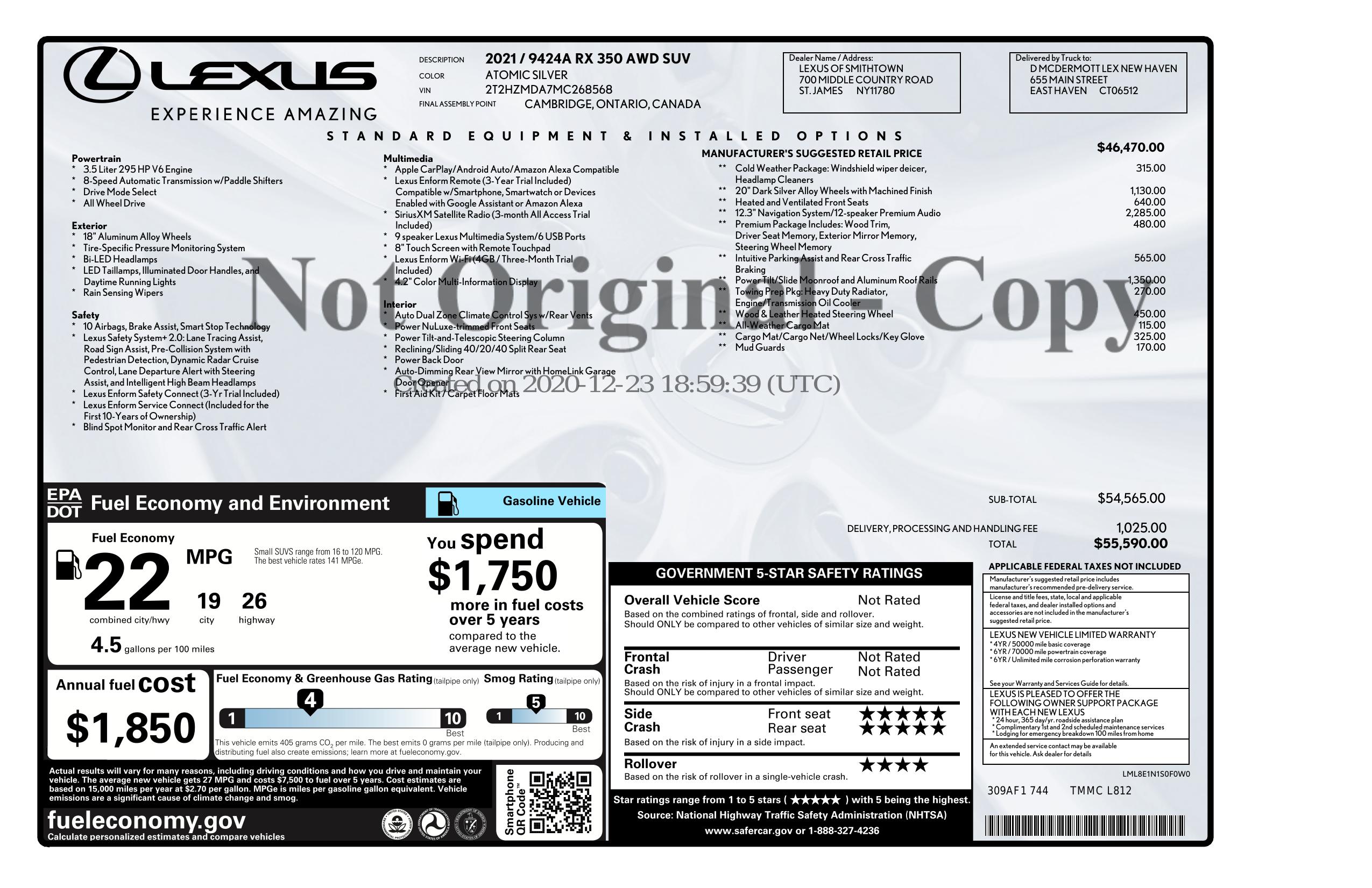 Window Sticker for 2021 Lexus Rx Rx 350 Awd
