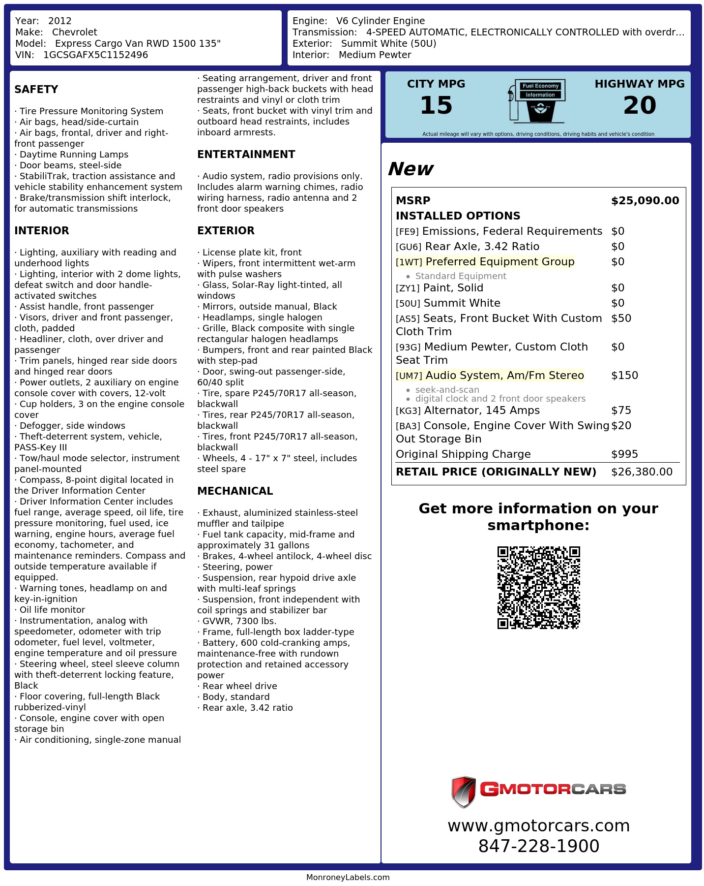 Window Sticker for 2012 Chevrolet Express Cargo Van Rwd 1500 135"