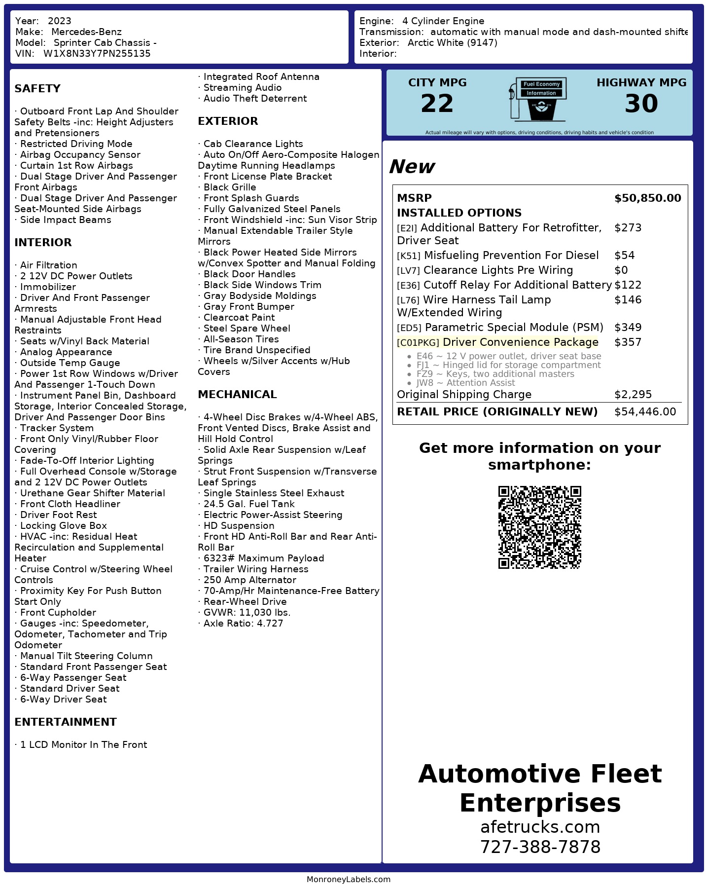 Window Sticker for 2023 Mercedes Benz Sprinter Cab Chassis