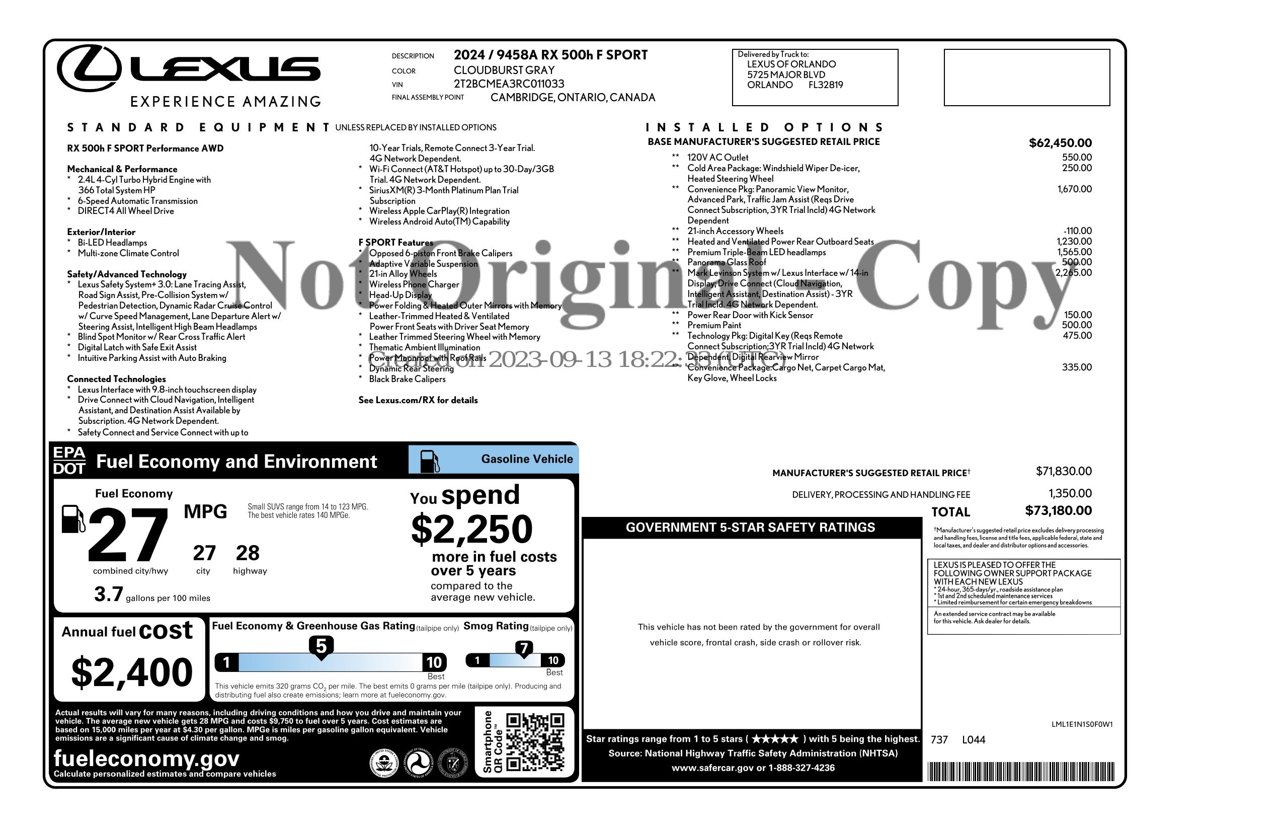 Window Sticker for 2024 Lexus Rx Rx 500h F Sport Performance Awd