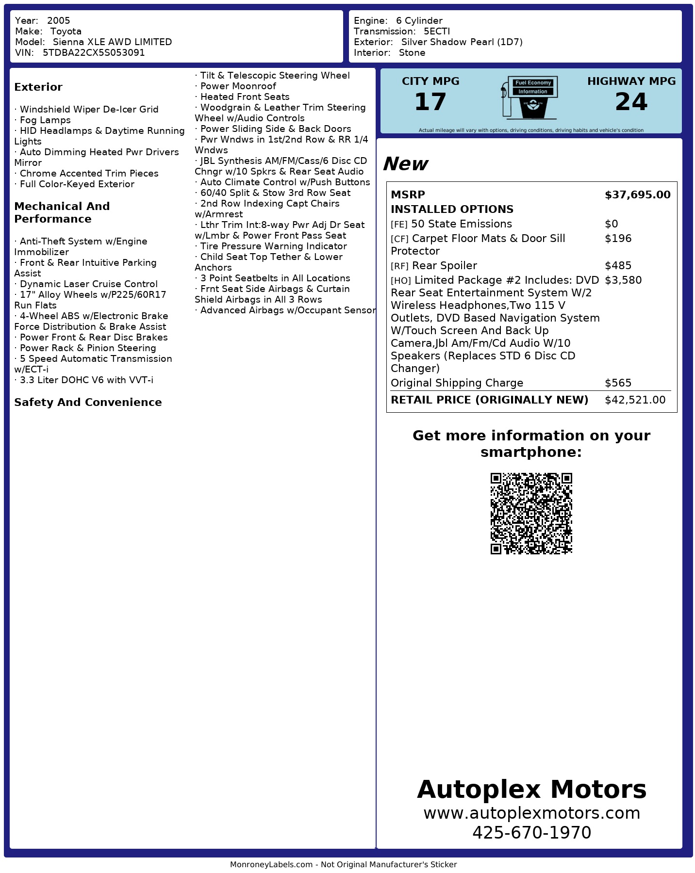 Window Sticker For 2005 Toyota Sienna Xle Awd Limited