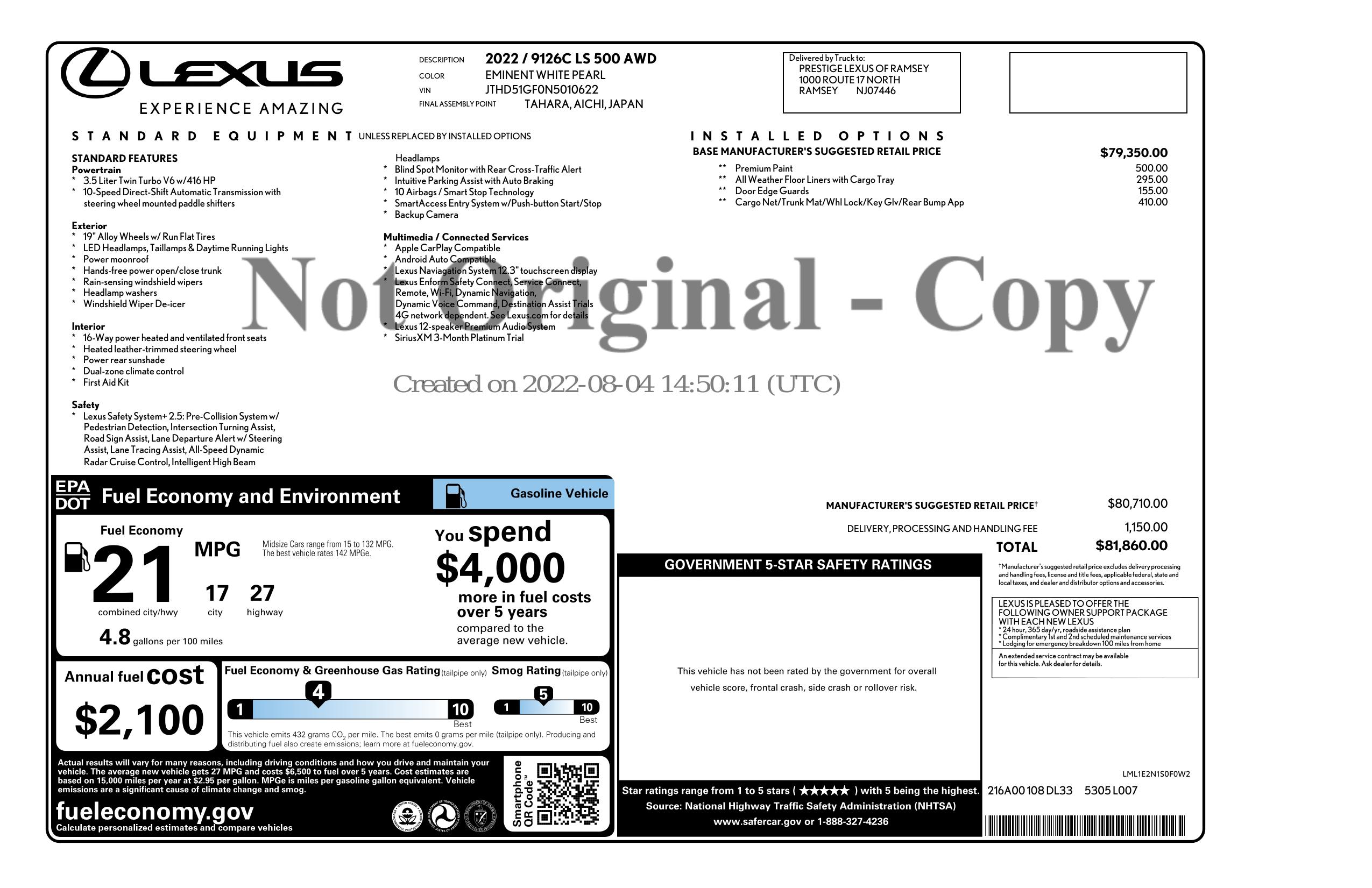Window Sticker for 2022 Lexus Ls Ls 500 Awd
