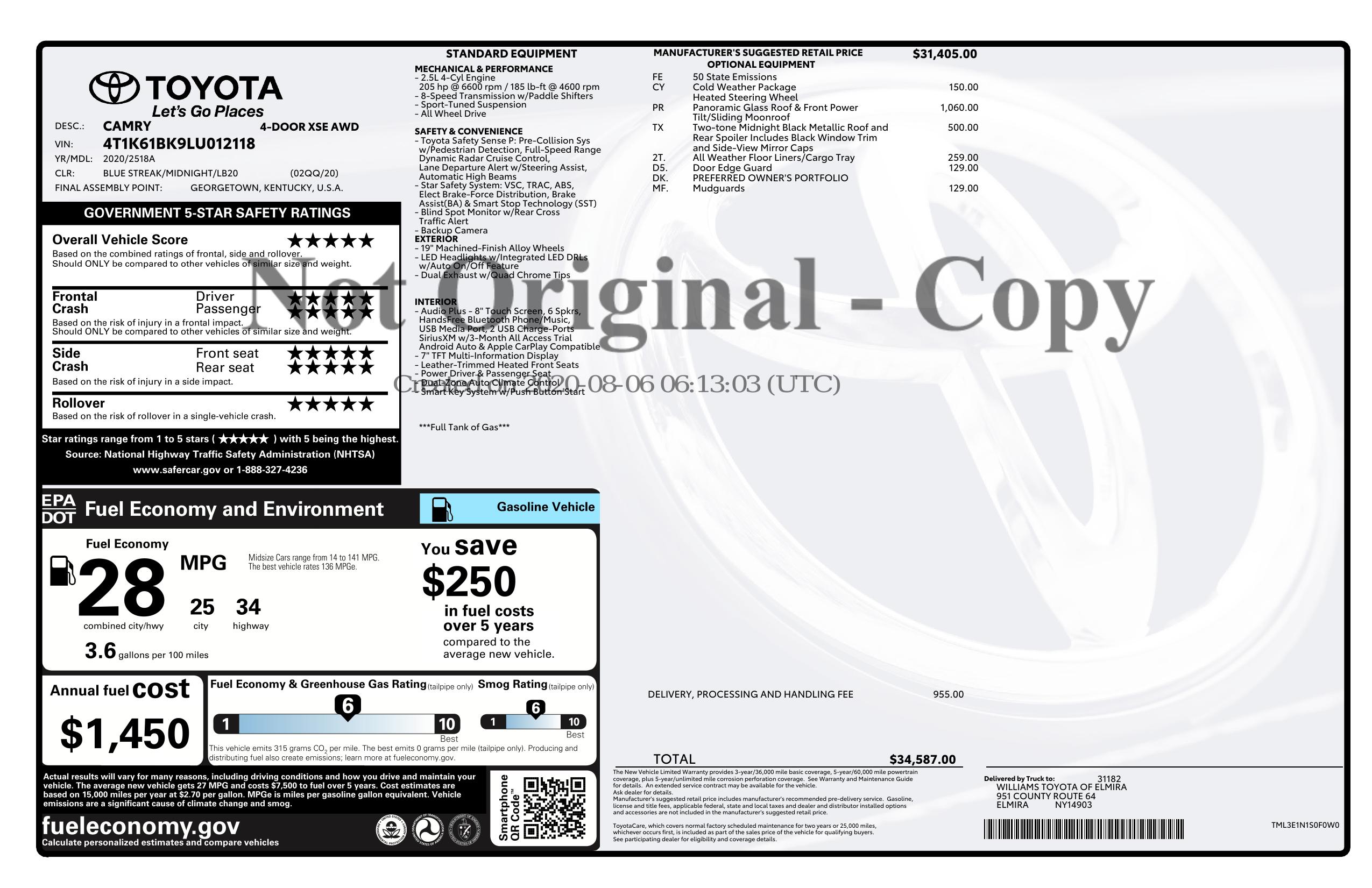 Window Sticker For 2020 Toyota Camry Xse Window Sticker For 2020 Toyota Camry Xse