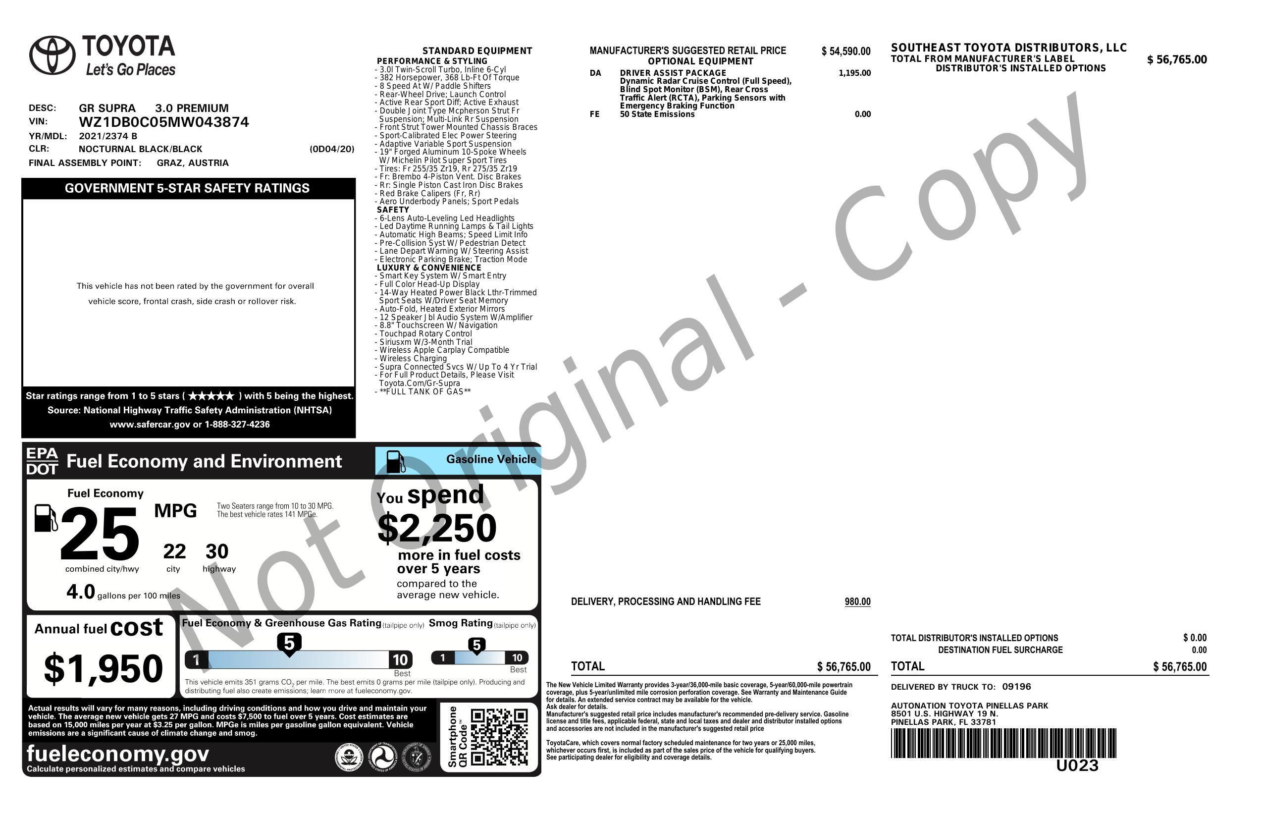 Window Sticker for 2021 Toyota Gr Supra Auto (Natl)