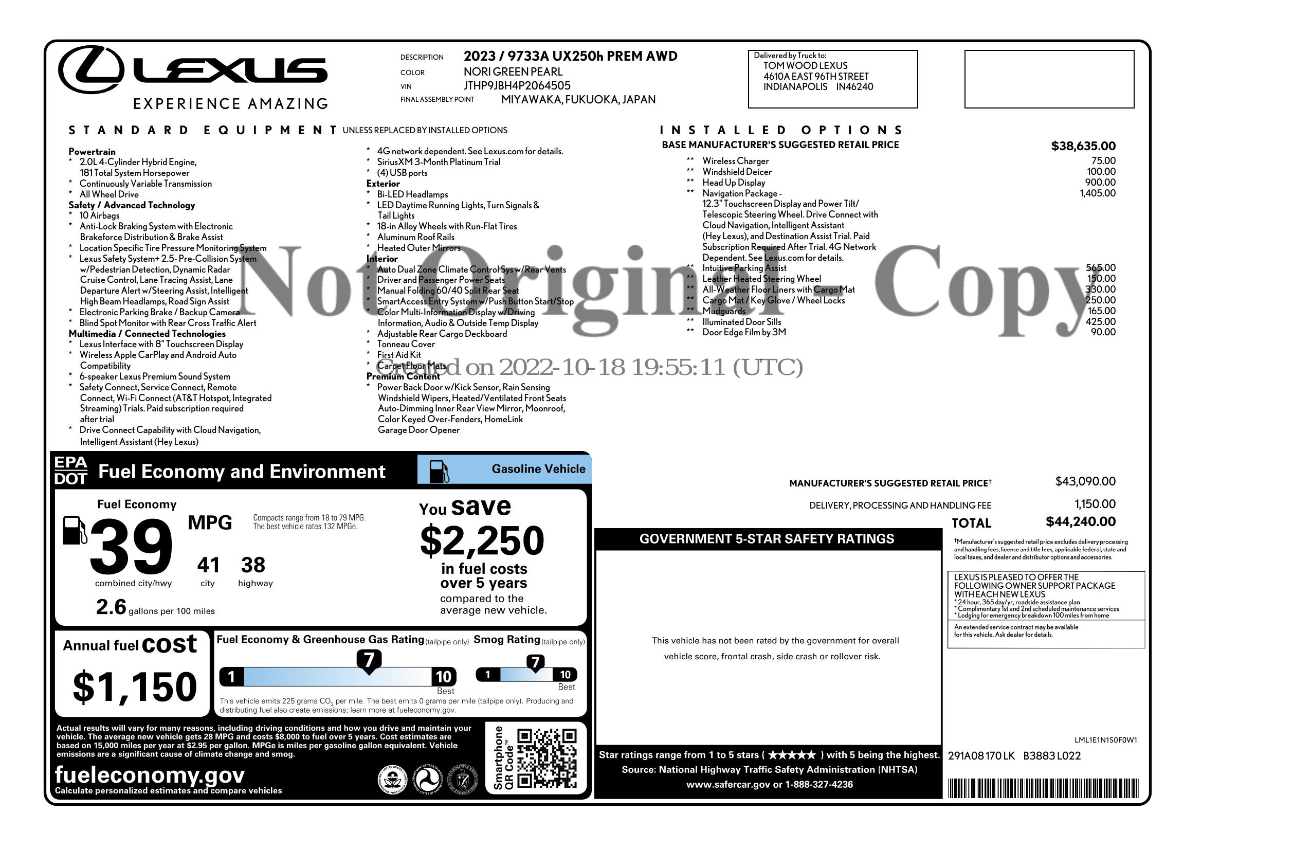 Window Sticker for 2023 Lexus Ux 250h Premium