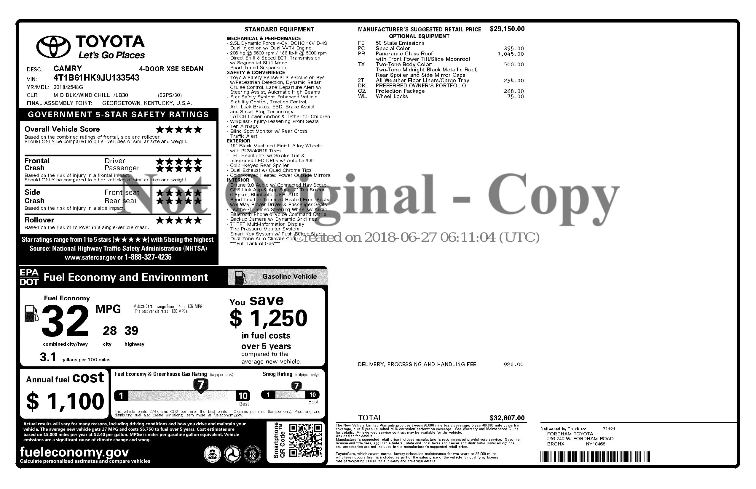 Window Sticker for 2018 Toyota Camry Xse Auto (Natl)