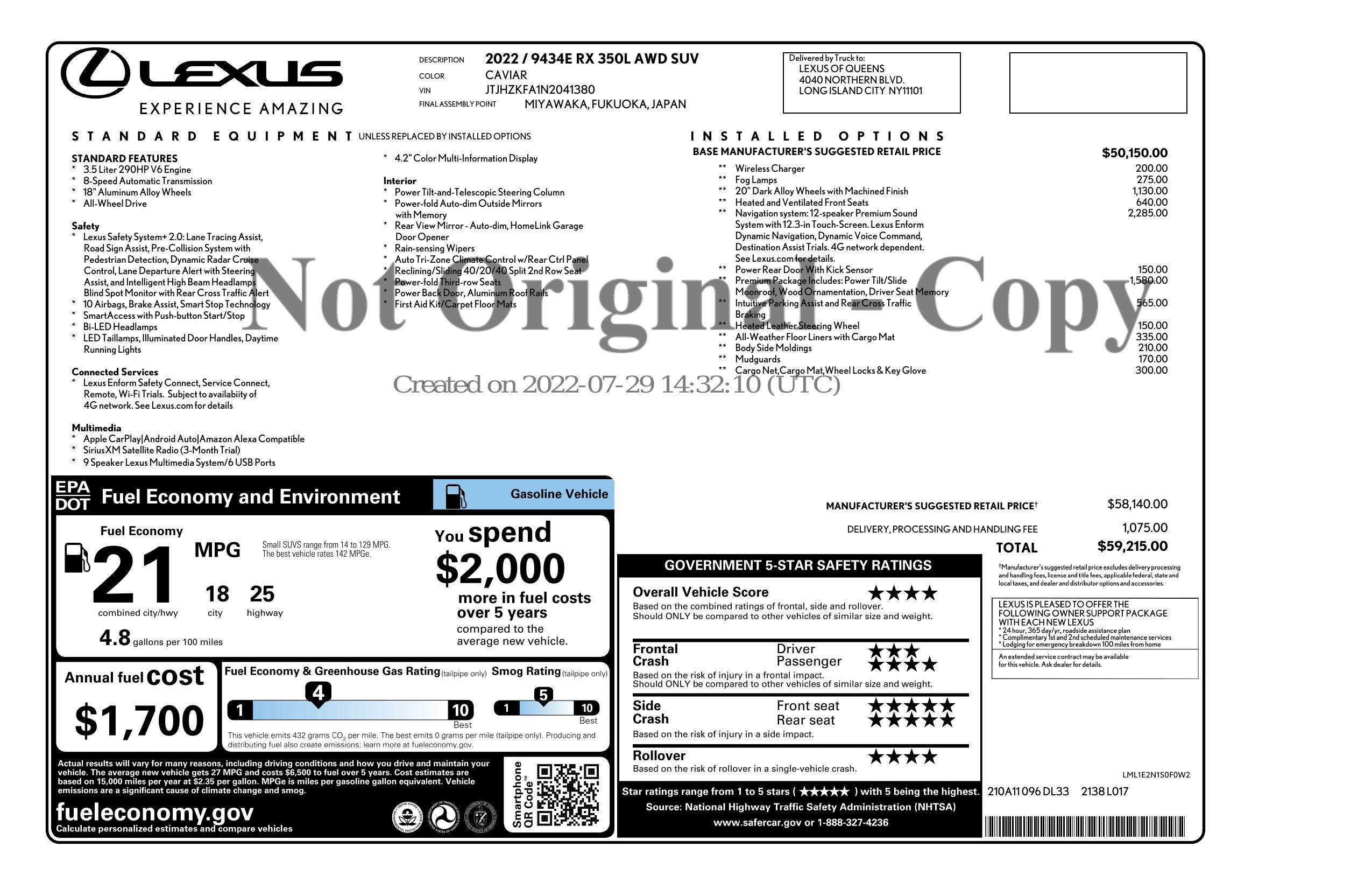 Window Sticker for 2022 Lexus Rx Rx 350 L Awd