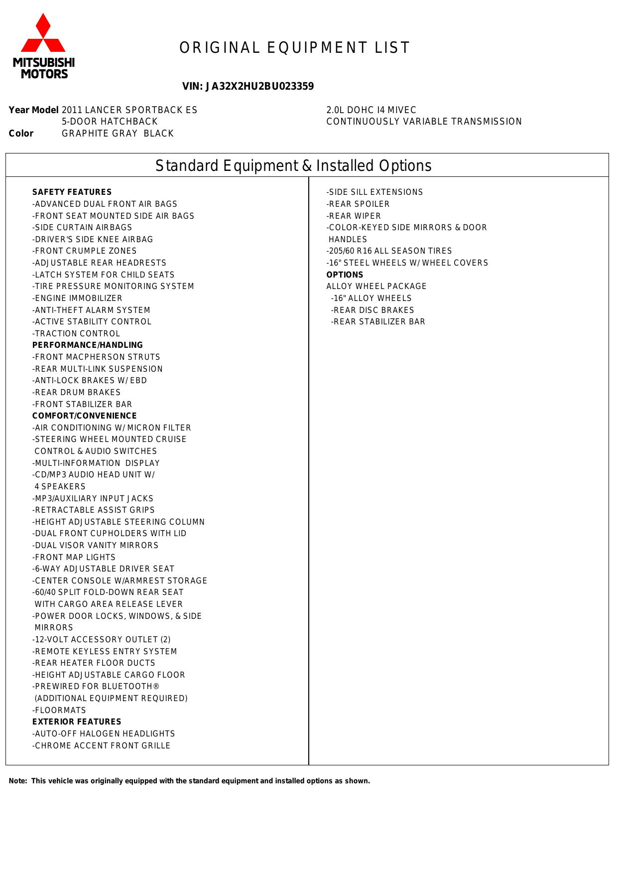 Window Sticker for 2011 Mitsubishi Lancer 5dr Sportback Es Fwd