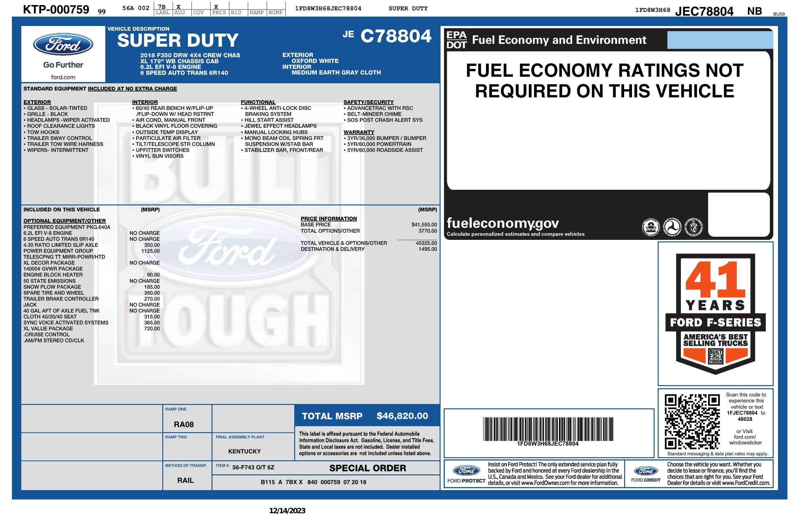 Window Sticker for 2018 Ford Super Duty F 350 Drw 4 Wd Crew Cab 179" Wb