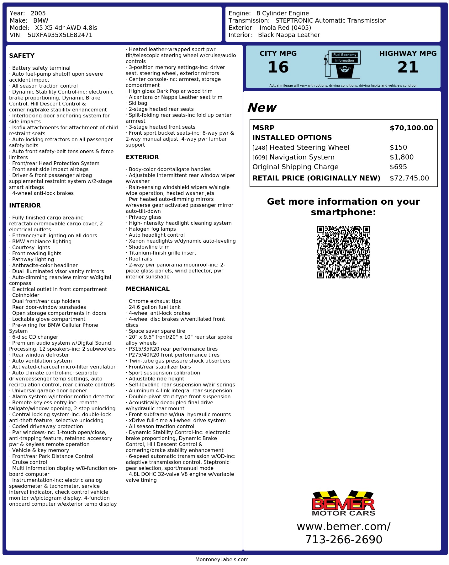 Window Sticker for 2005 BMW X5 X5 4dr Awd 4.8is