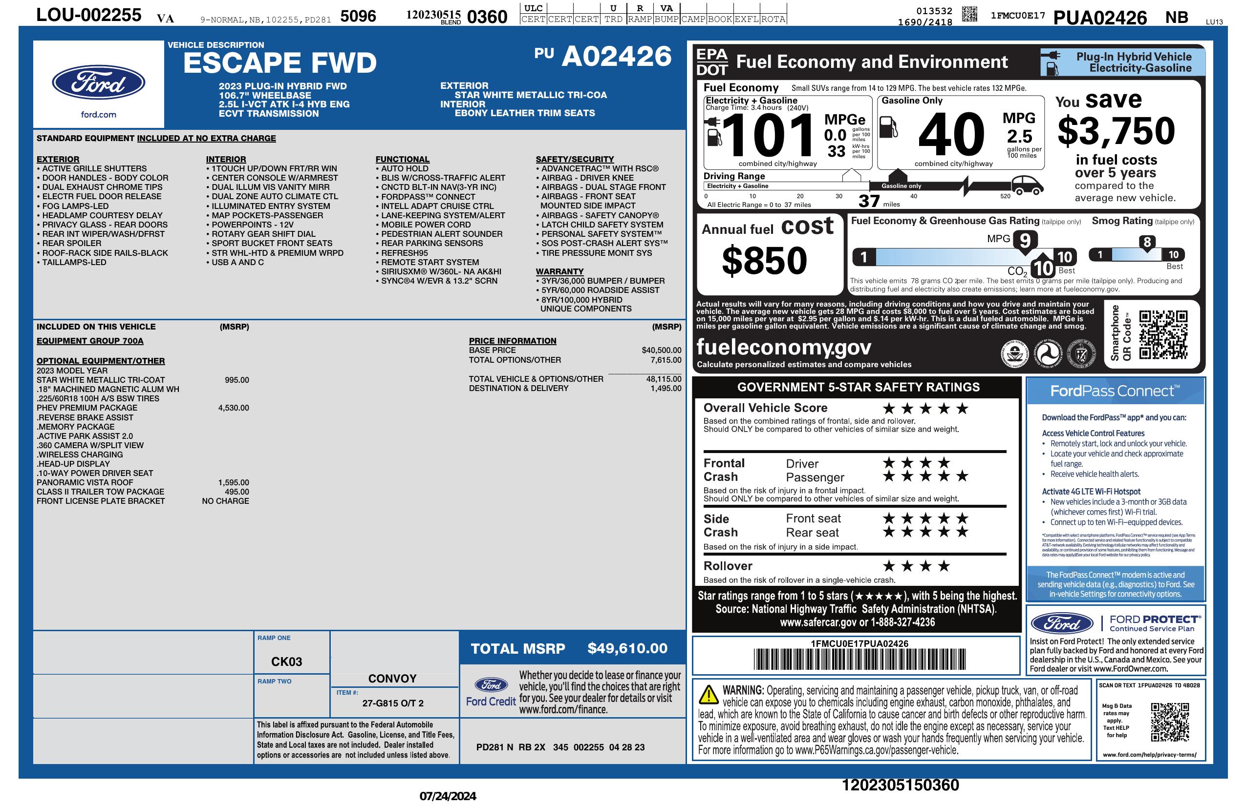 Window sticker for 2023 ford escape phev fwd