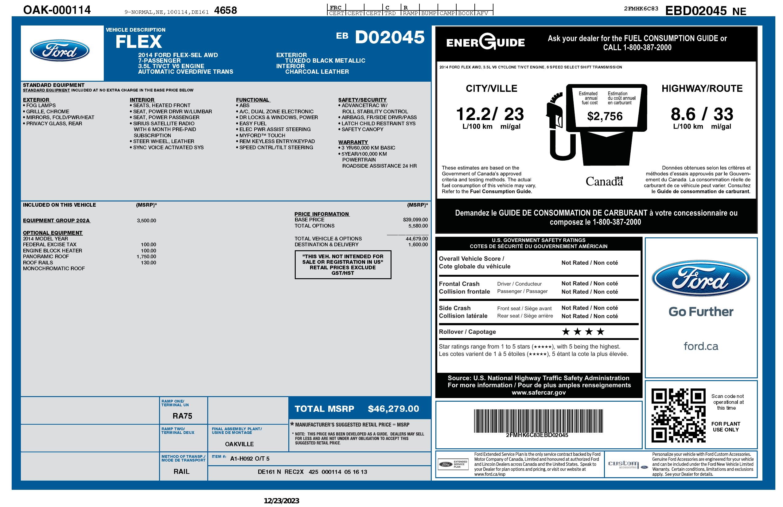 Window Sticker for 2014 Ford Flex 4dr Sel Awd