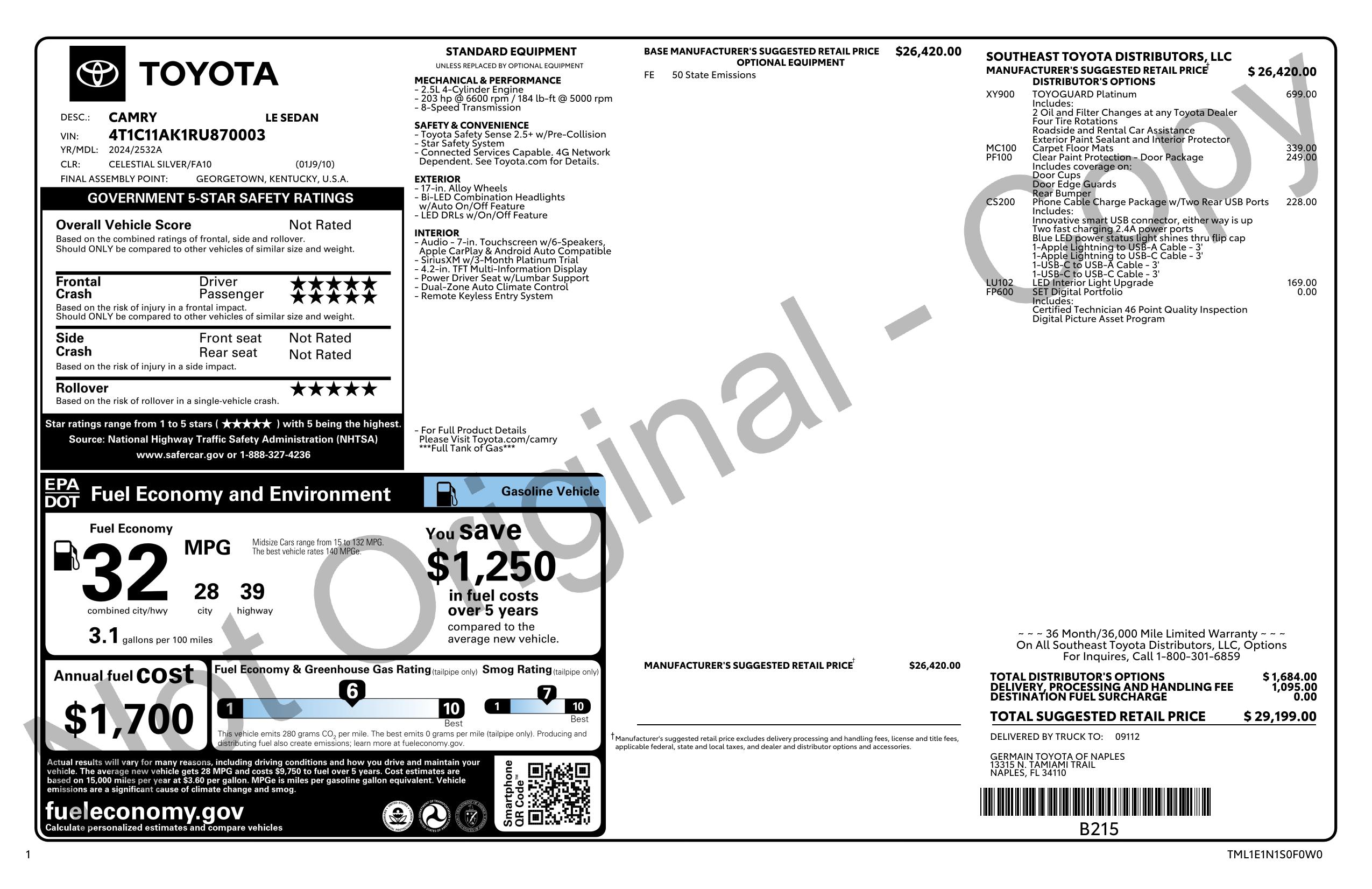 Window Sticker for 2024 Toyota Camry Le Auto (Natl)