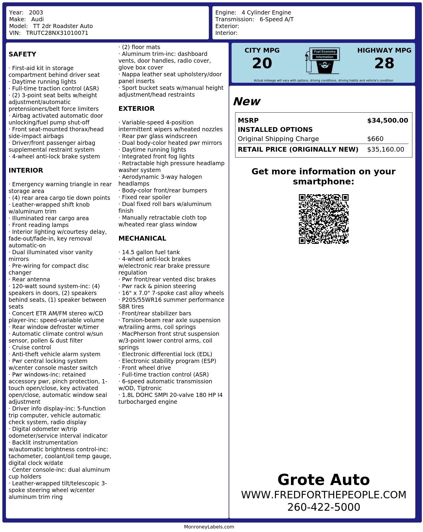 Window Sticker for 2003 Audi Tt 2dr Roadster Auto