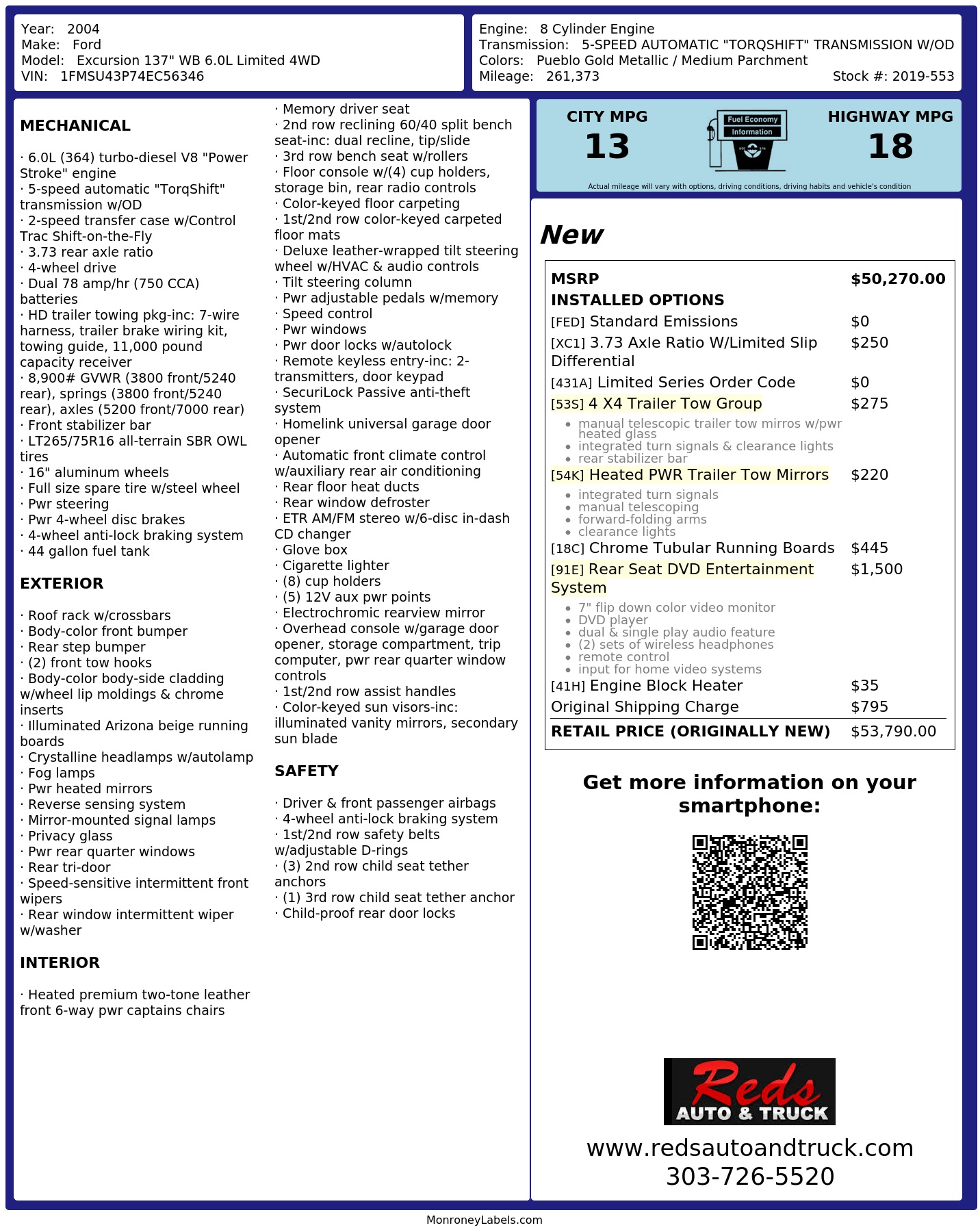 Window Sticker for 2004 Ford Excursion 137