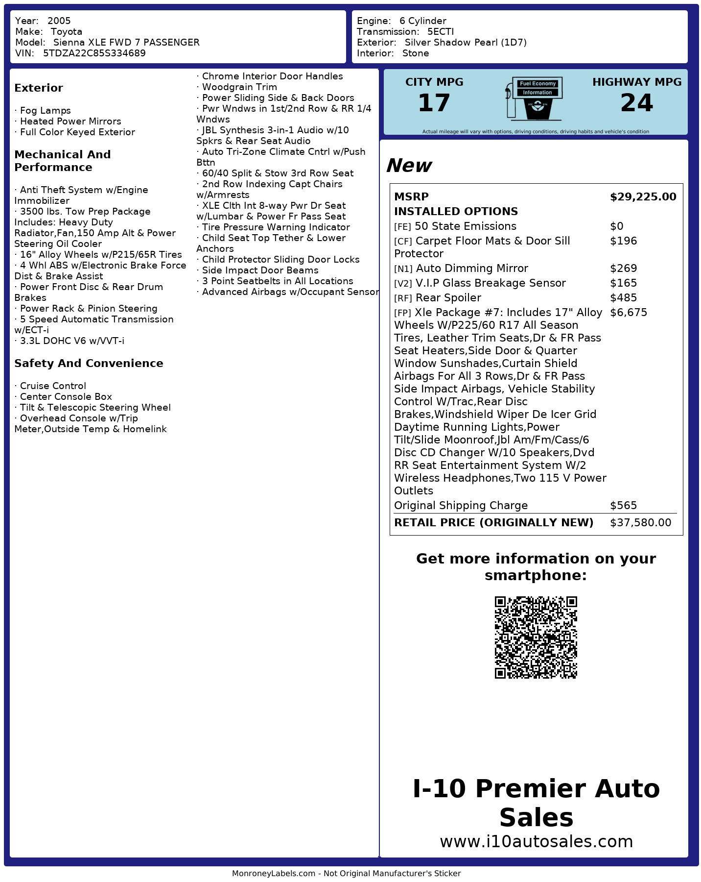 Window Sticker for 2005 Toyota Sienna Xle Fwd 7 Passenger