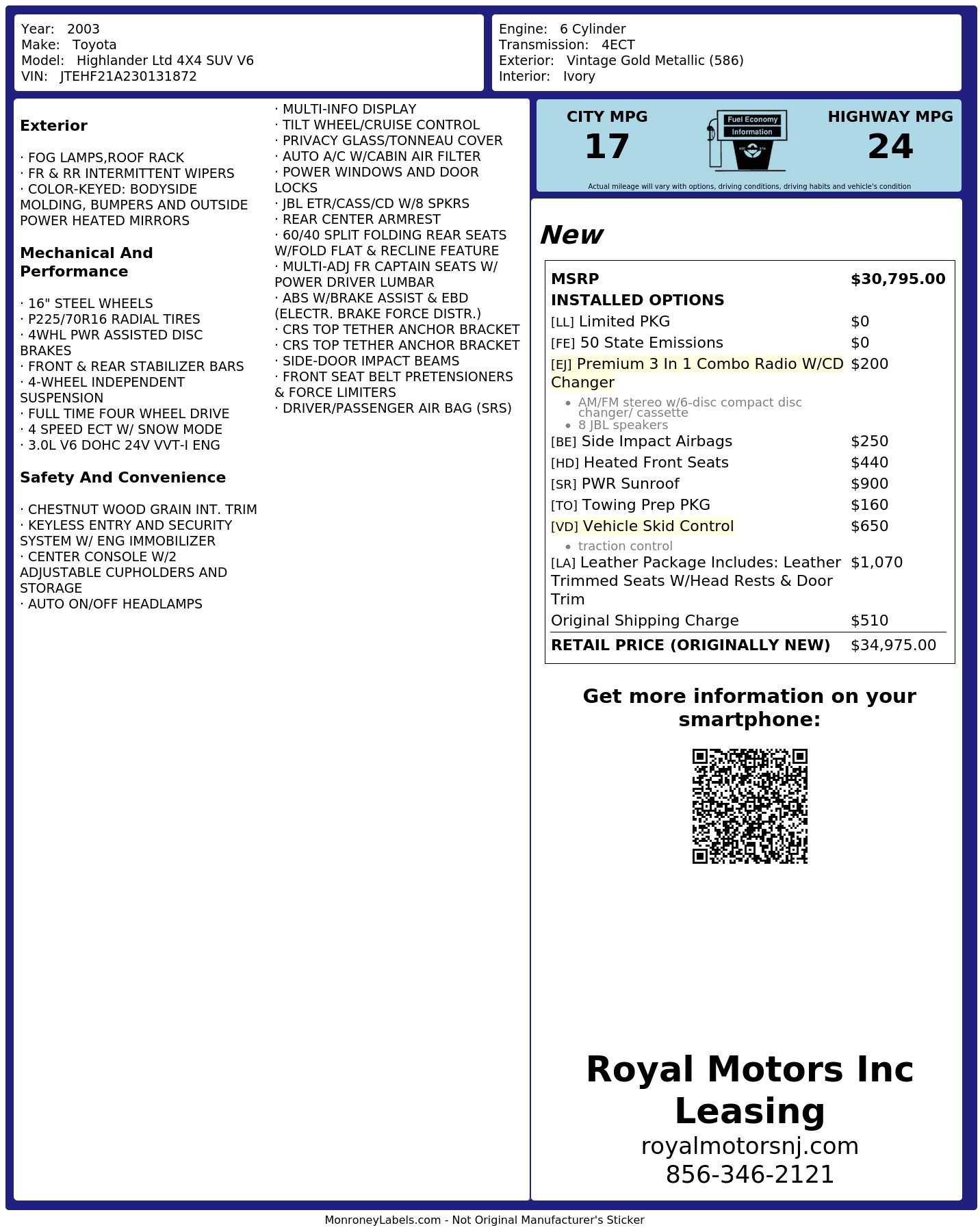 Window Sticker for 2003 Toyota Highlander Ltd 4 X4 Suv V6