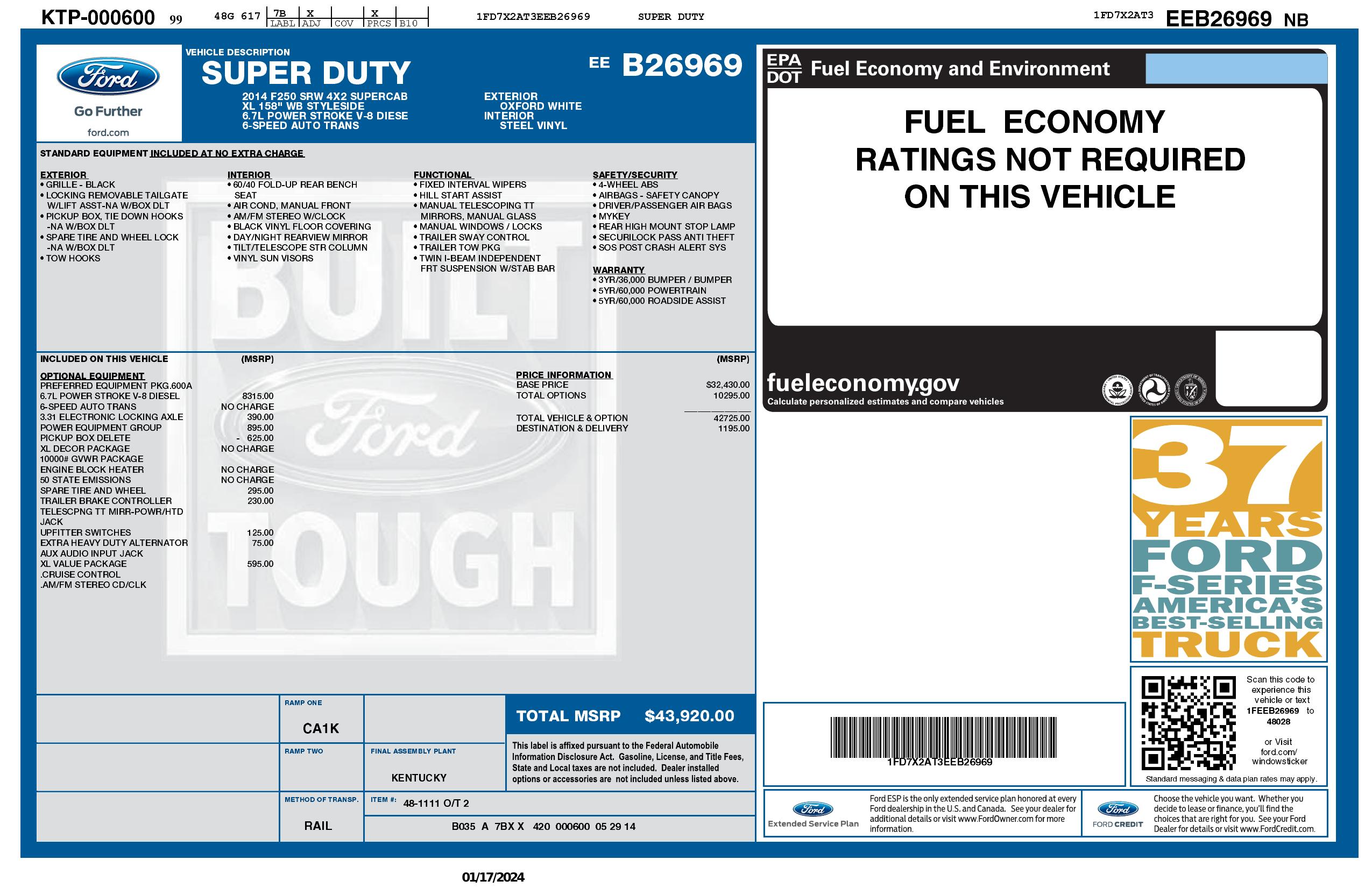 Window Sticker for 2014 Ford Super Duty F 250 Srw 2 Wd Super Cab