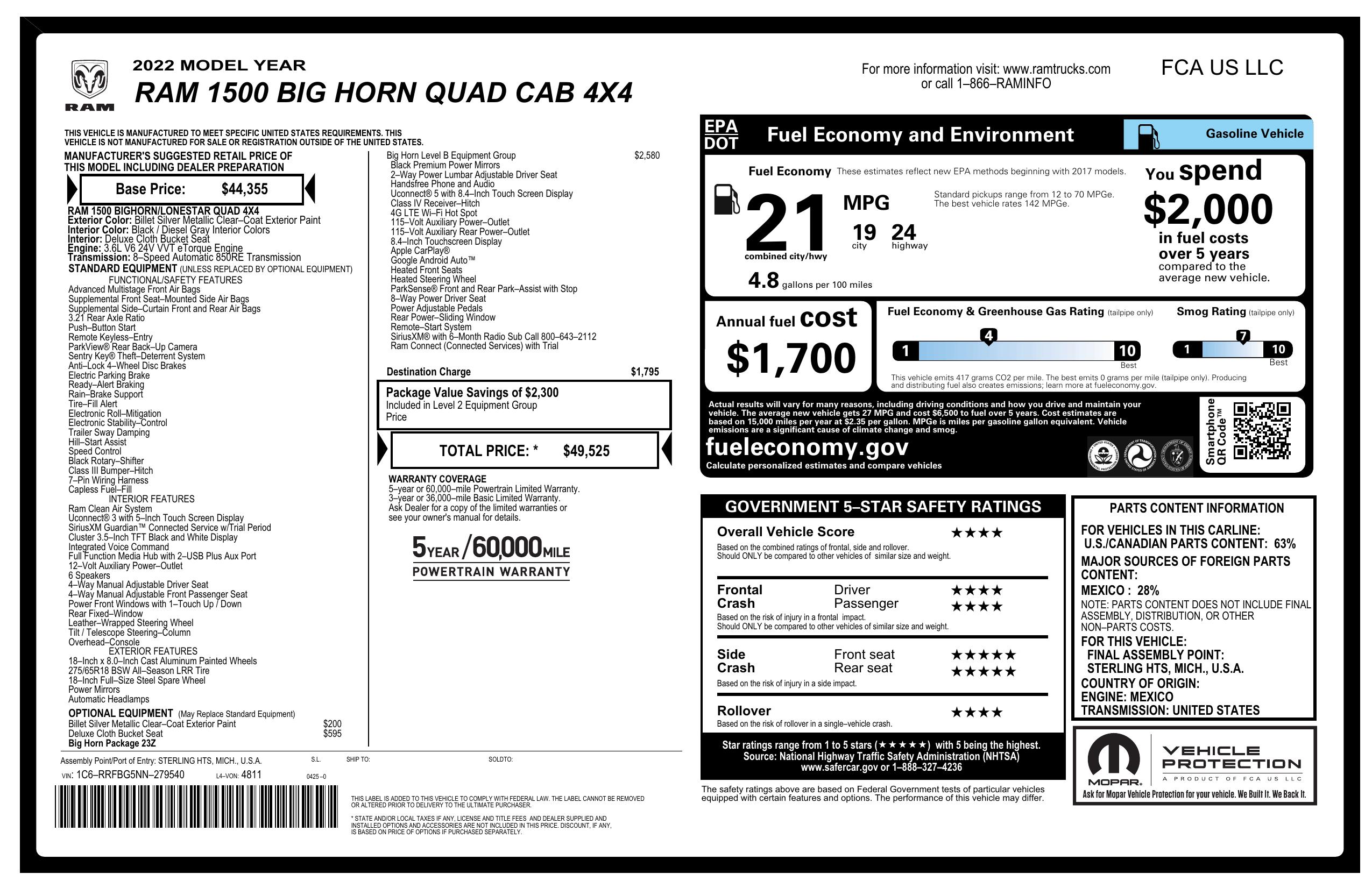 Window Sticker for 2022 Ram 1500 Big Horn 4x4 Quad Cab 6'4