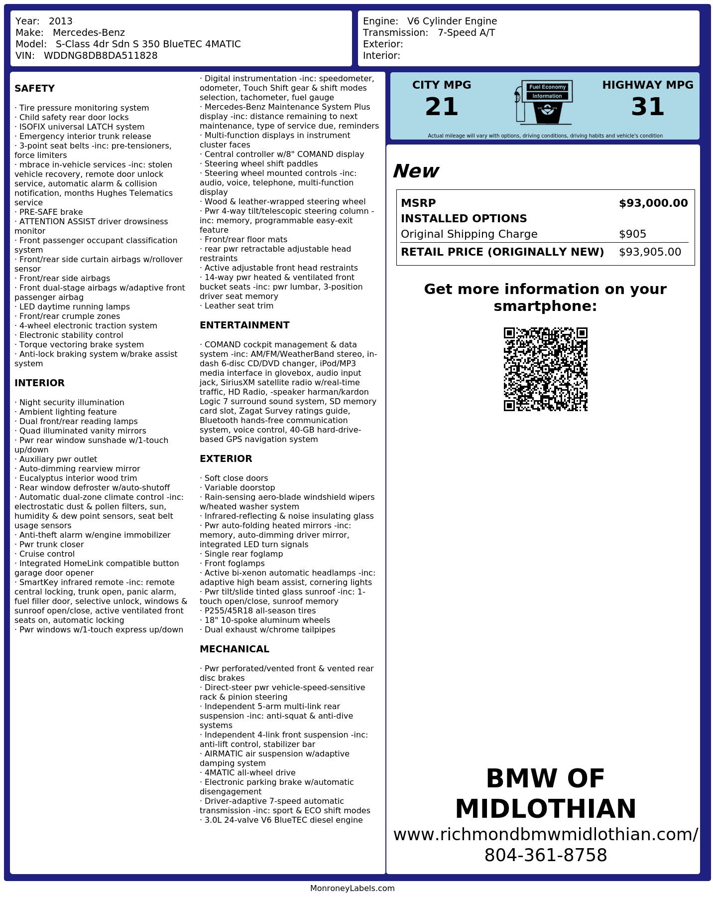 Window Sticker for 2013 Mercedes Benz S Class 4dr Sdn S 350 Blue Tec 4 ...