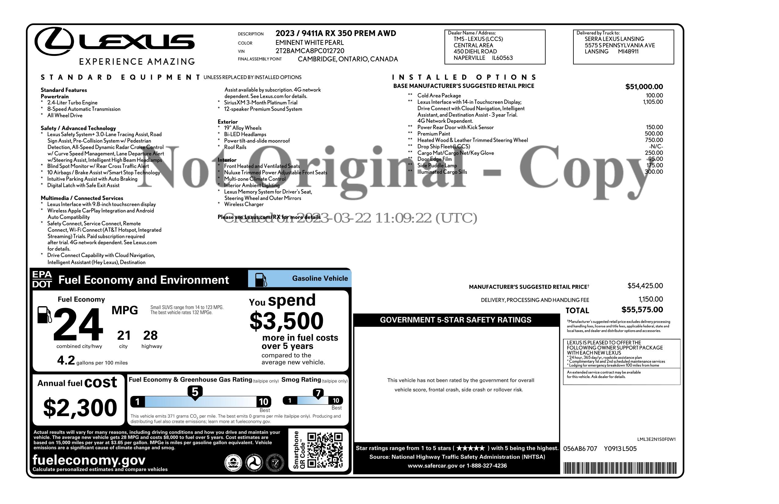 Window Sticker for 2023 Lexus Rx
