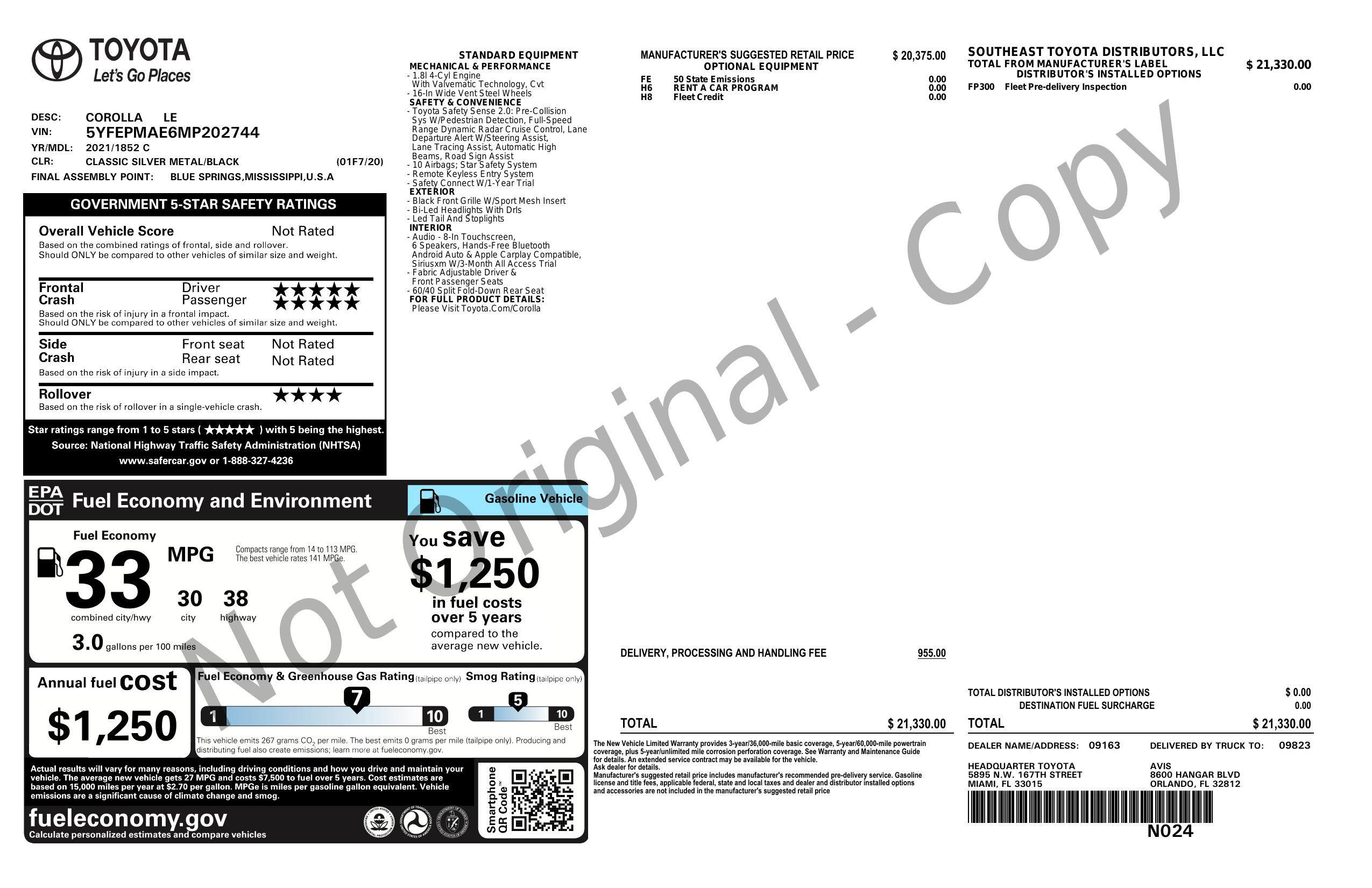 Window Sticker for 2021 Toyota Corolla Le Cvt (Natl)
