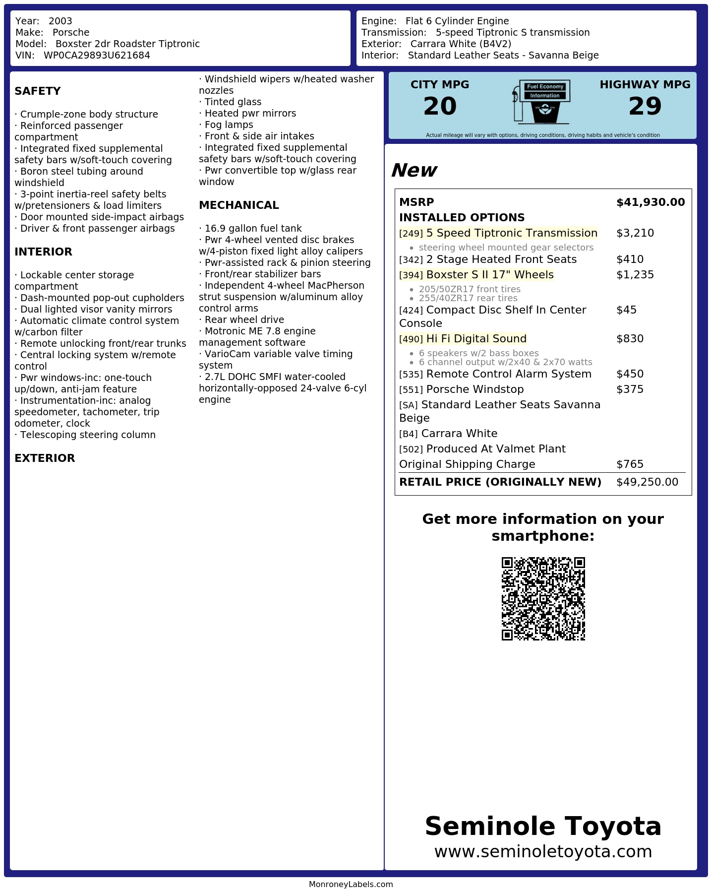Window Sticker for 2003 Porsche Boxster 2dr Roadster Tiptronic