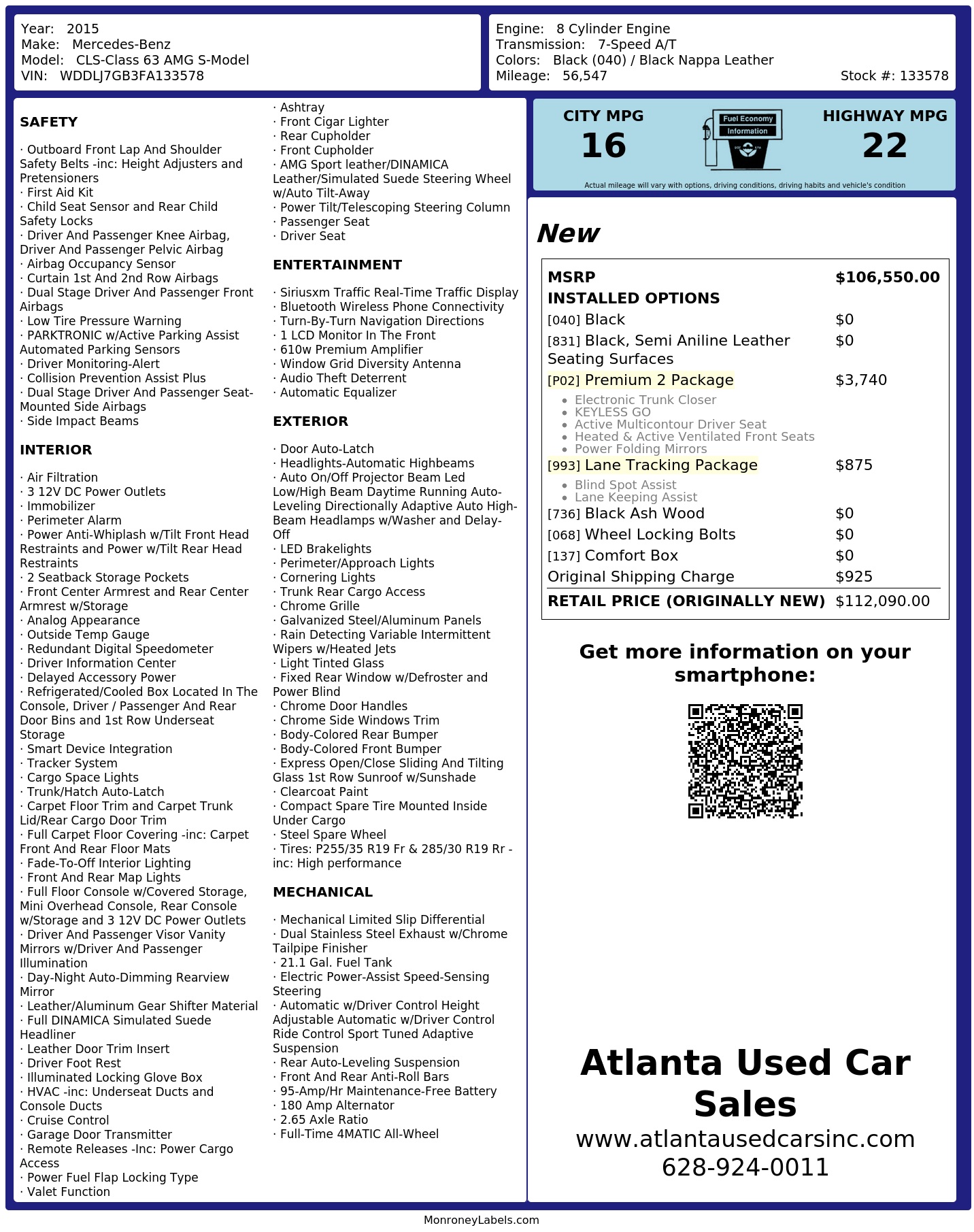 Window Sticker for 2015 Mercedes Benz Cls Class 63 Amg S Model