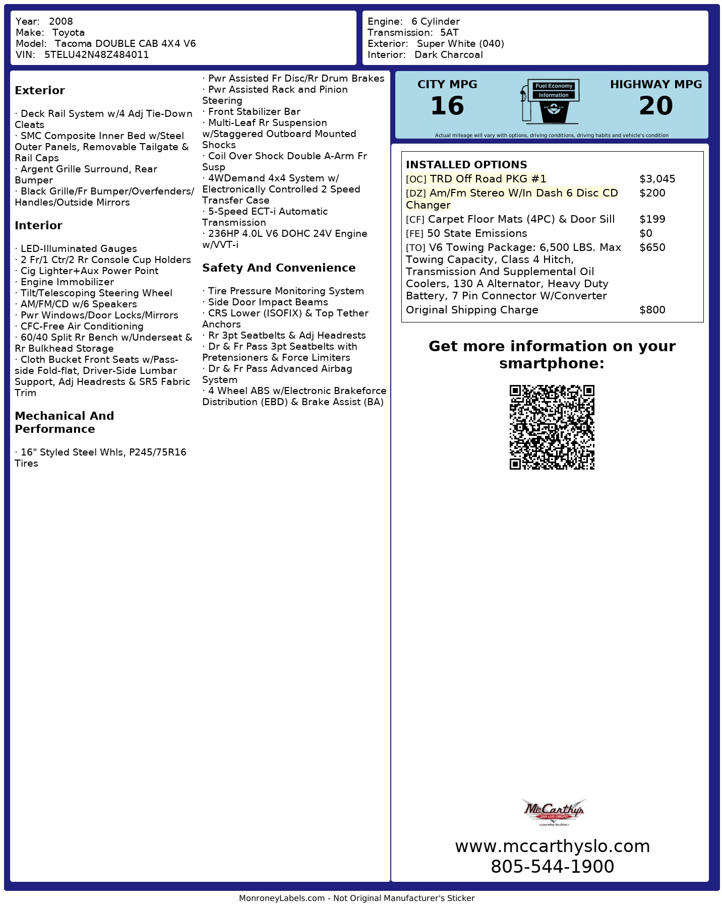 Window Sticker for 2008 Toyota Tacoma Double Cab 4 X4 V6