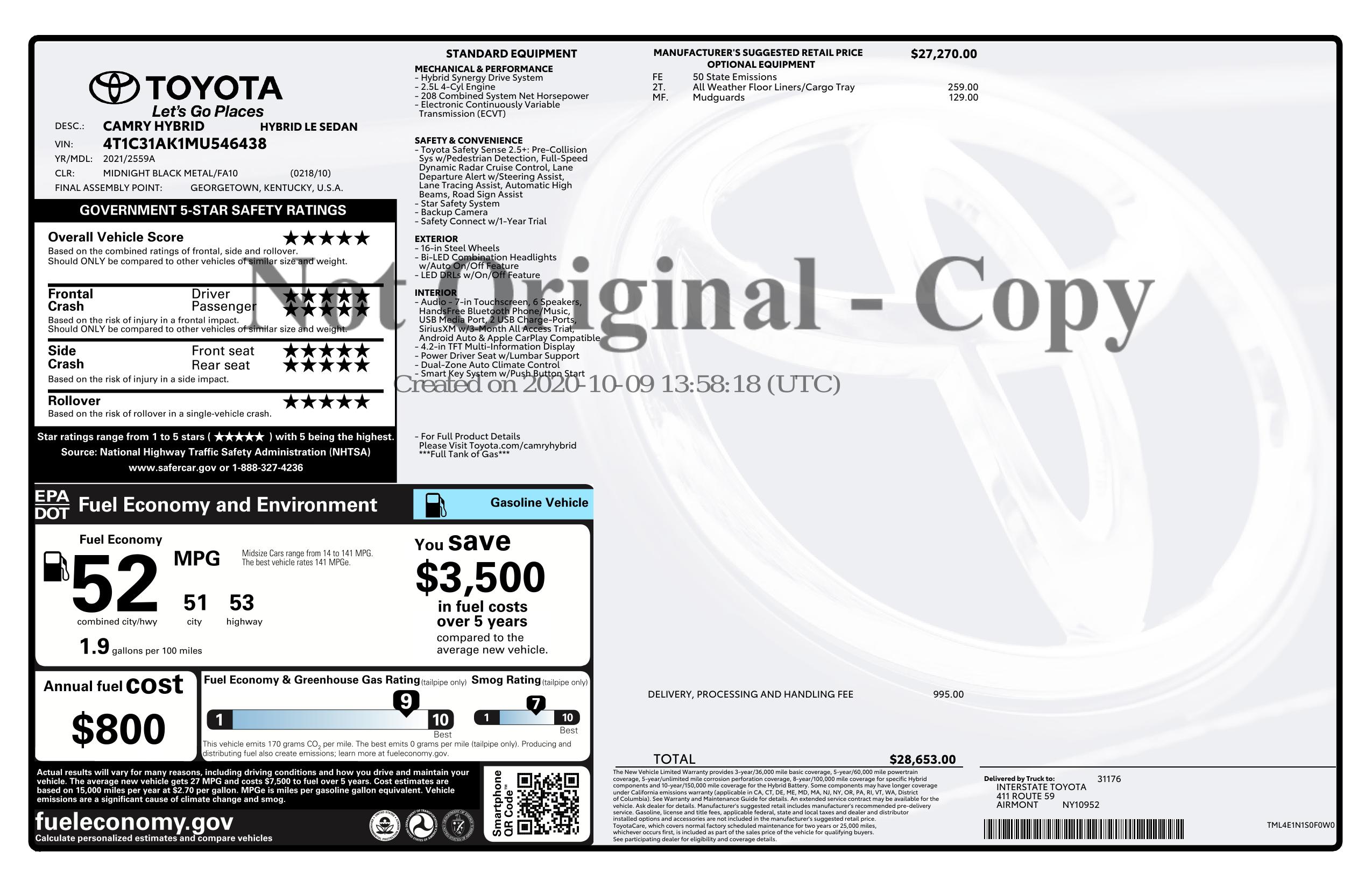 Sold 2021 Toyota Camry Hybrid LE in Noblesville