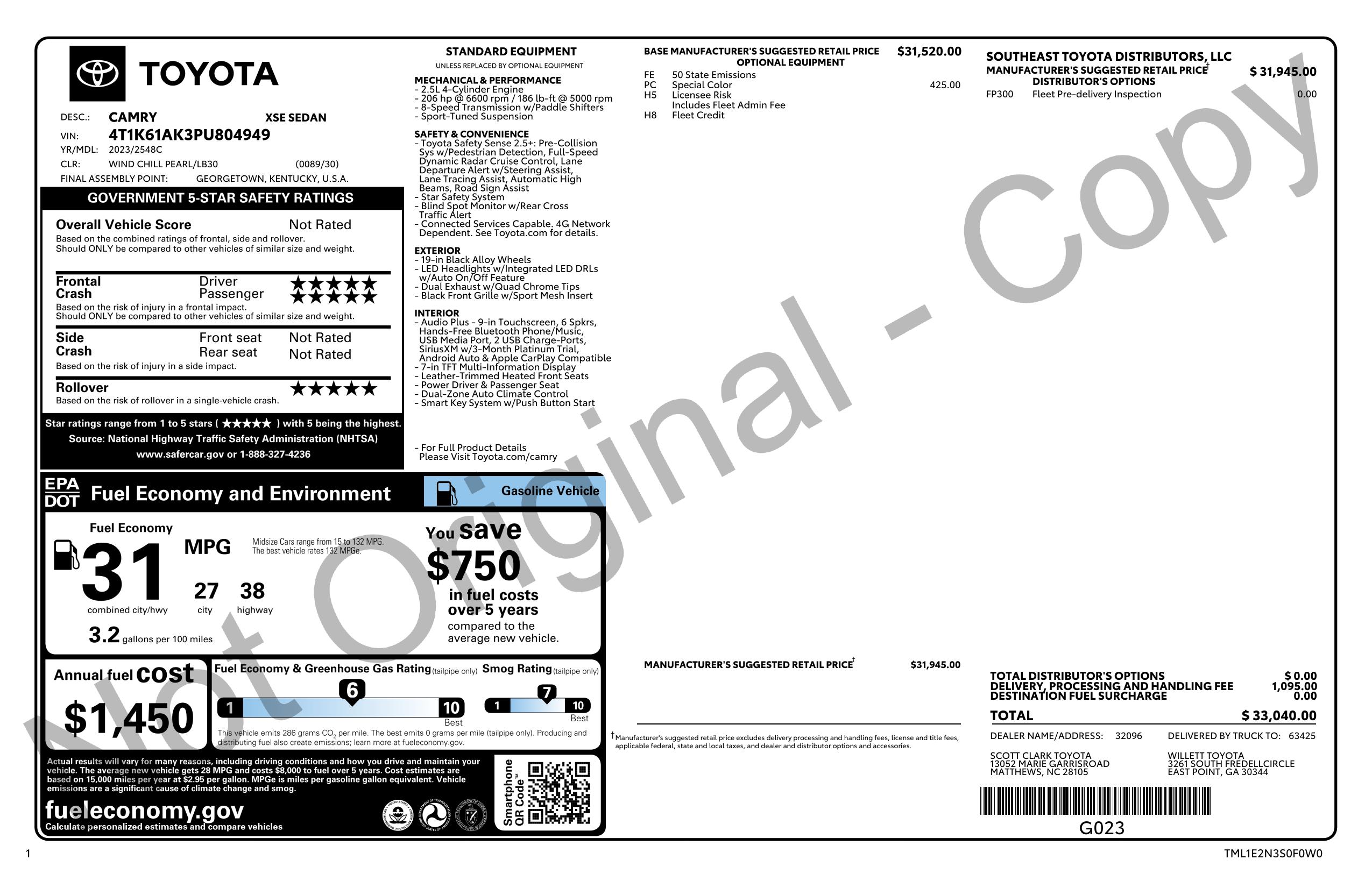 Window Sticker for 2023 Toyota Camry Xse Auto (Natl)