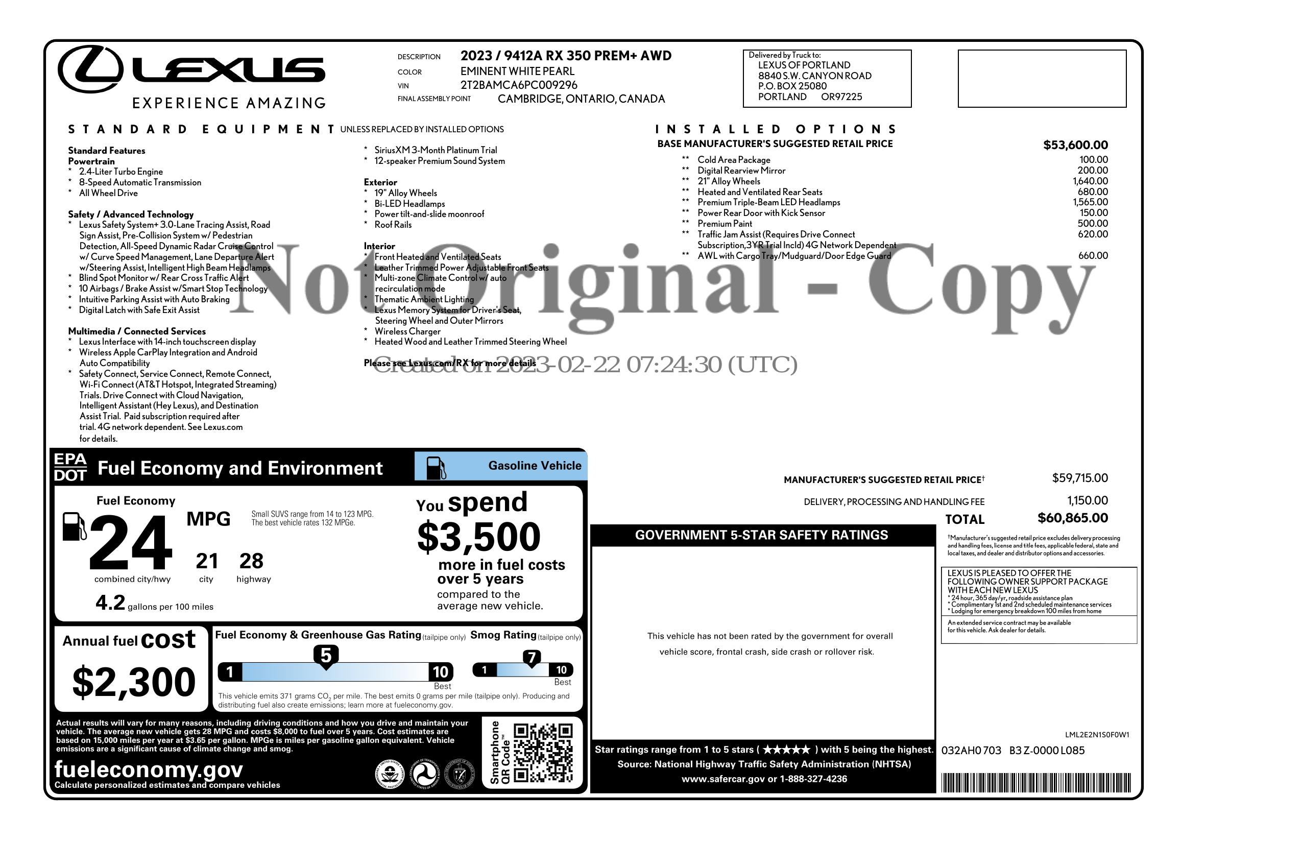Window Sticker For 2023 Lexus Rx 350 Window Sticker For 2023 Lexus Rx 350