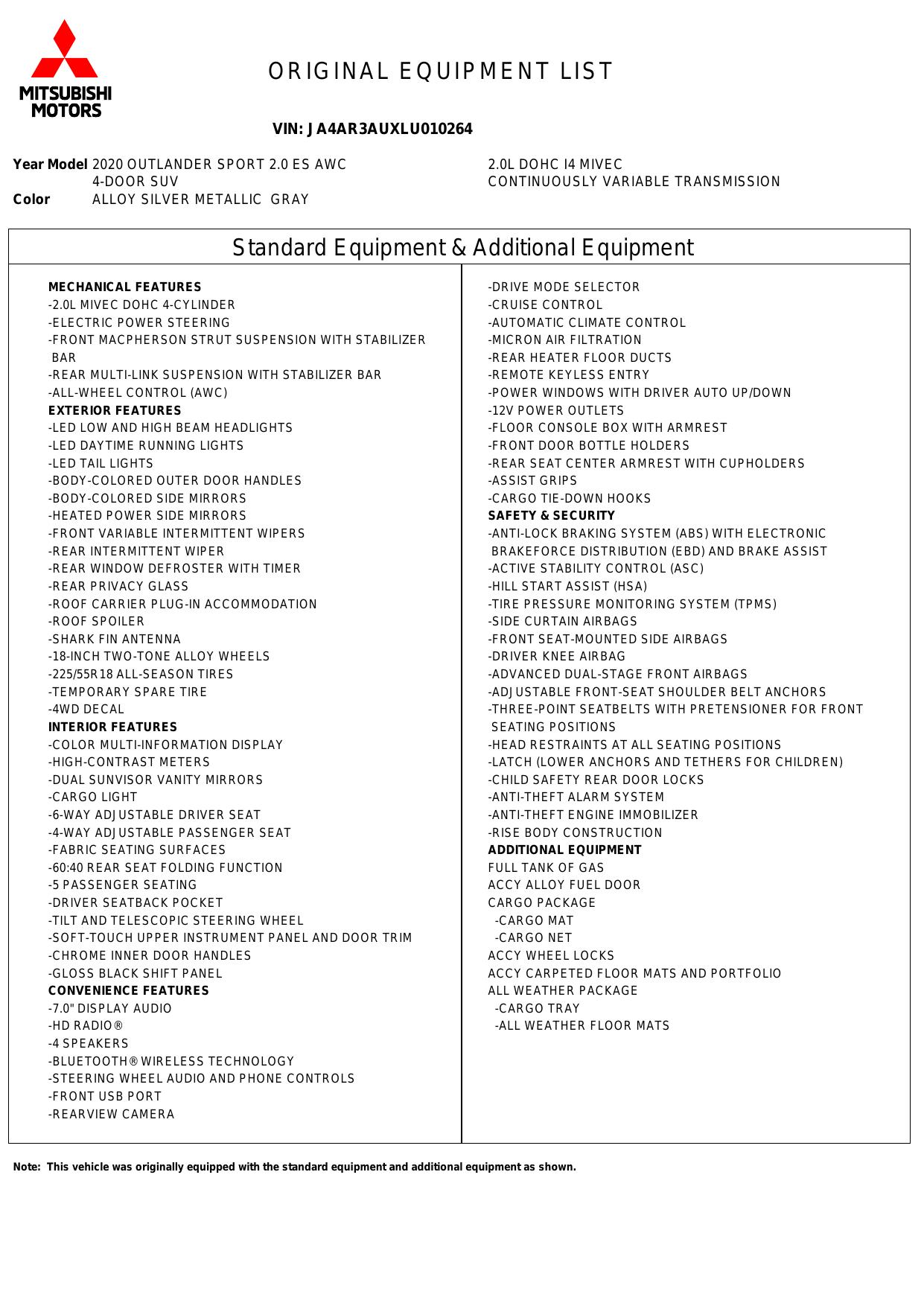 Window Sticker for 2020 Mitsubishi Outlander Sport 2.0 Awc Cvt