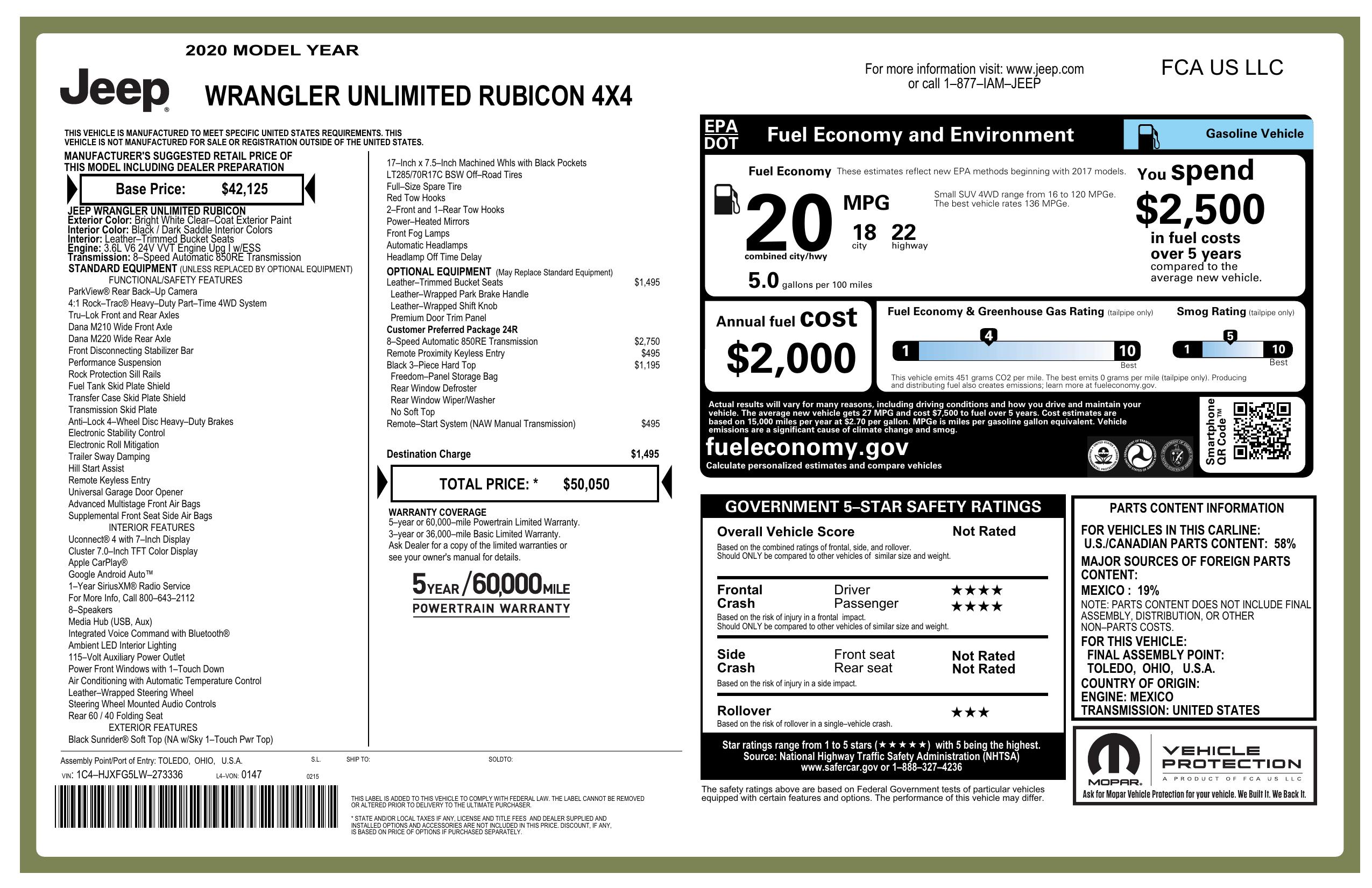 Window Sticker for 2020 Jeep Wrangler Unlimited Rubicon 4x4