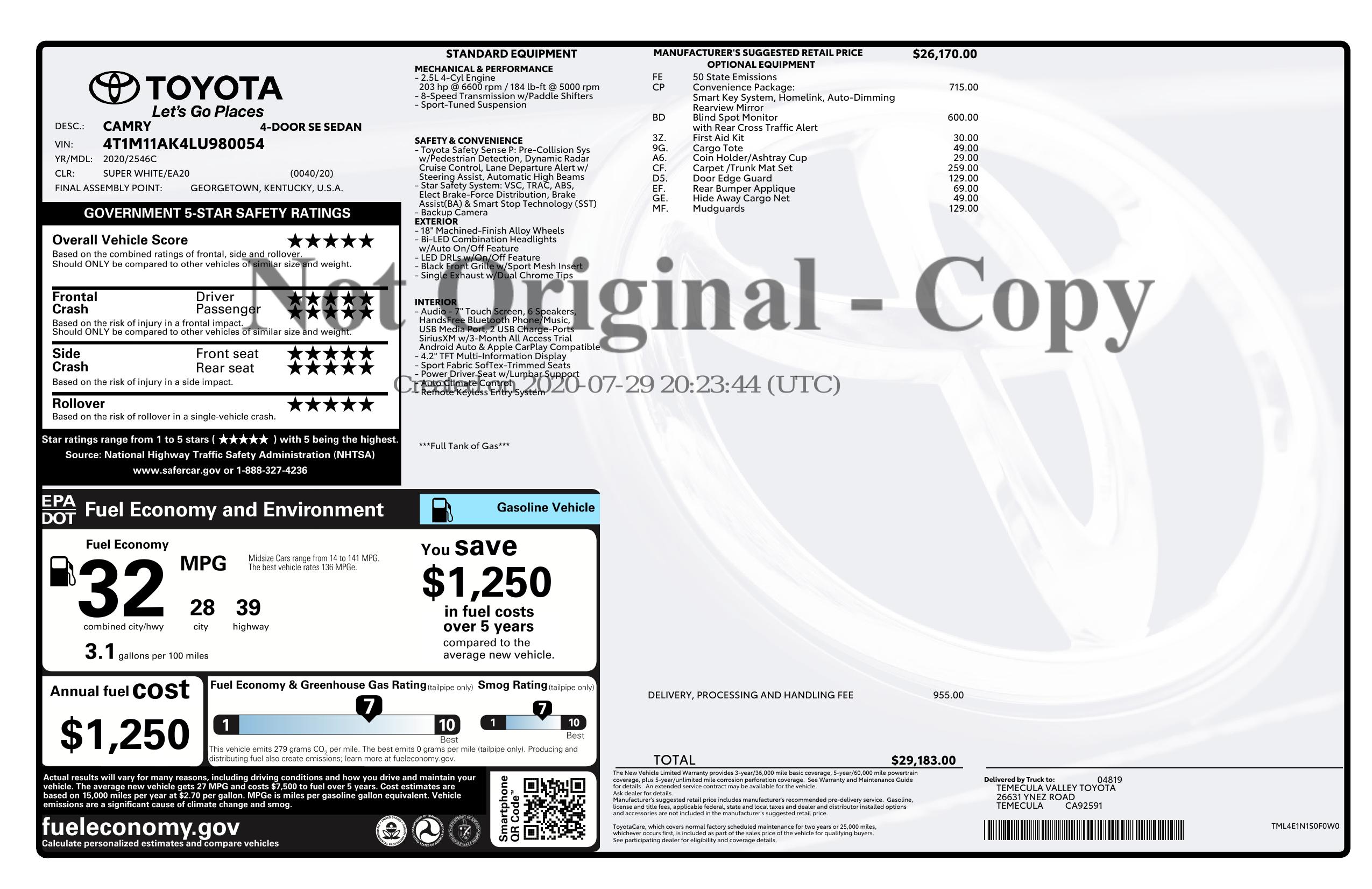 Window Sticker For 2020 Toyota Camry Se Auto Natl Window Sticker For 2020 Toyota Camry Se Auto Natl