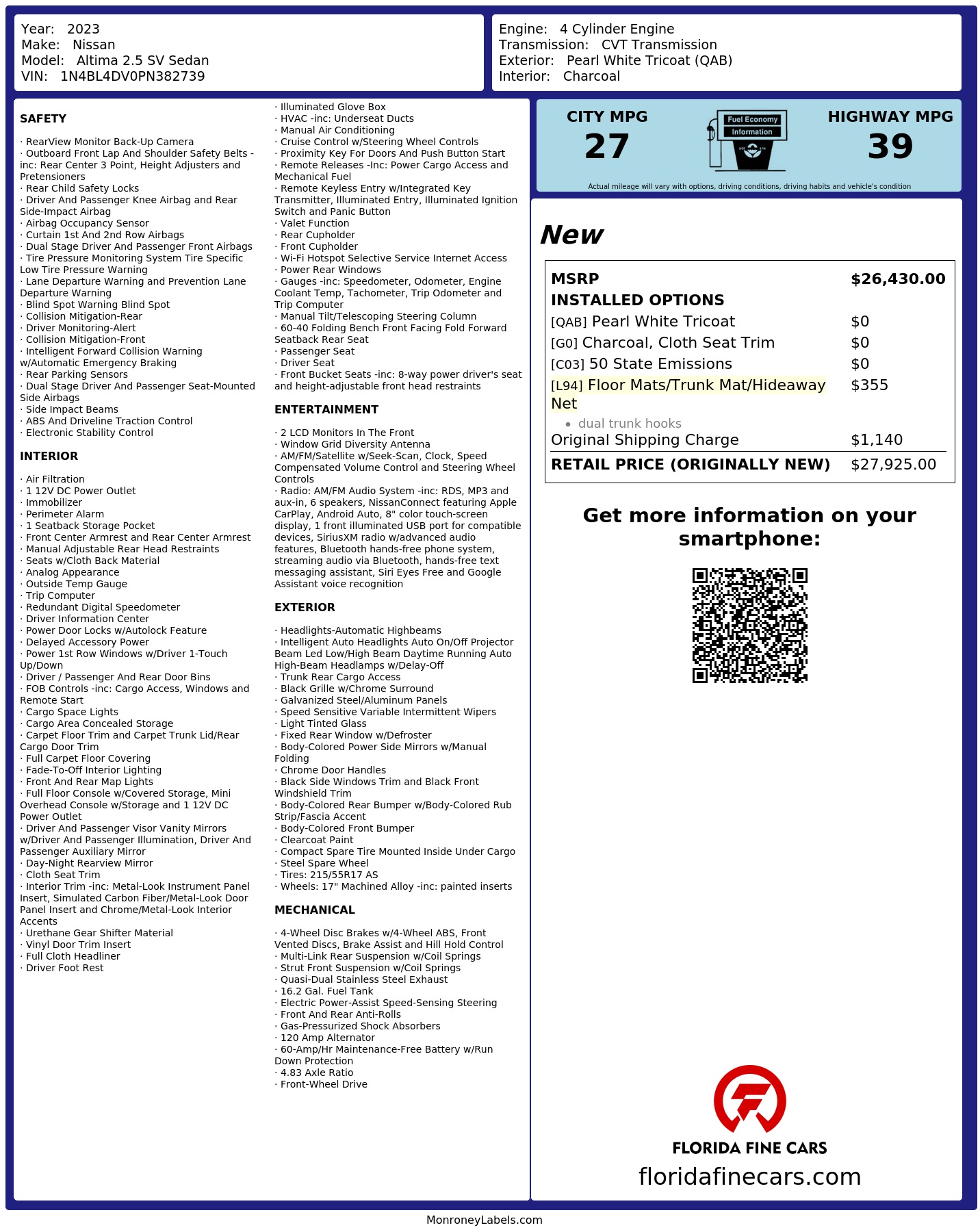 Original window sticker for 2023 NISSAN ALTIMA 2.5 SV