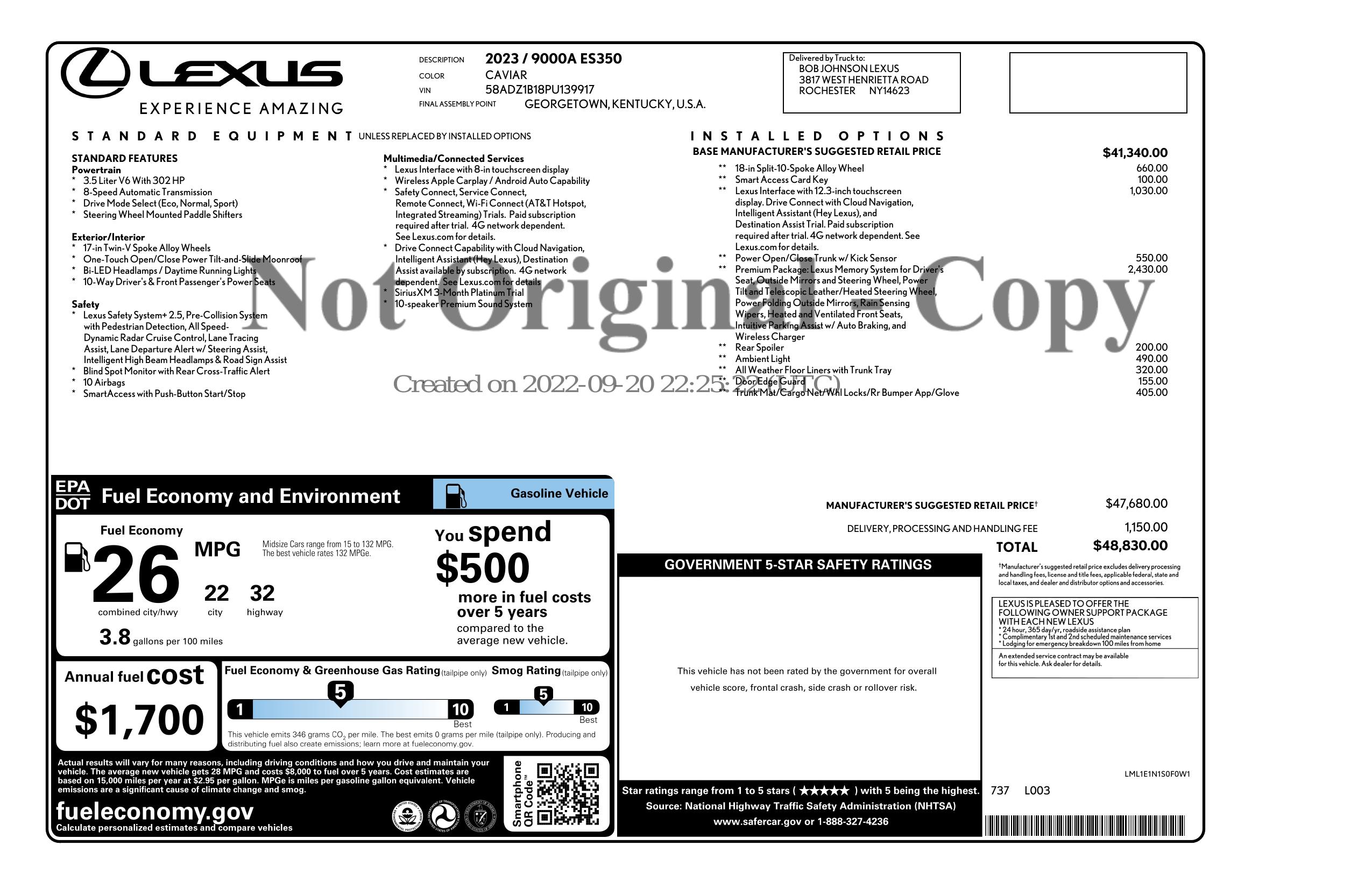 Window Sticker for 2023 Lexus Es Es 350 Fwd